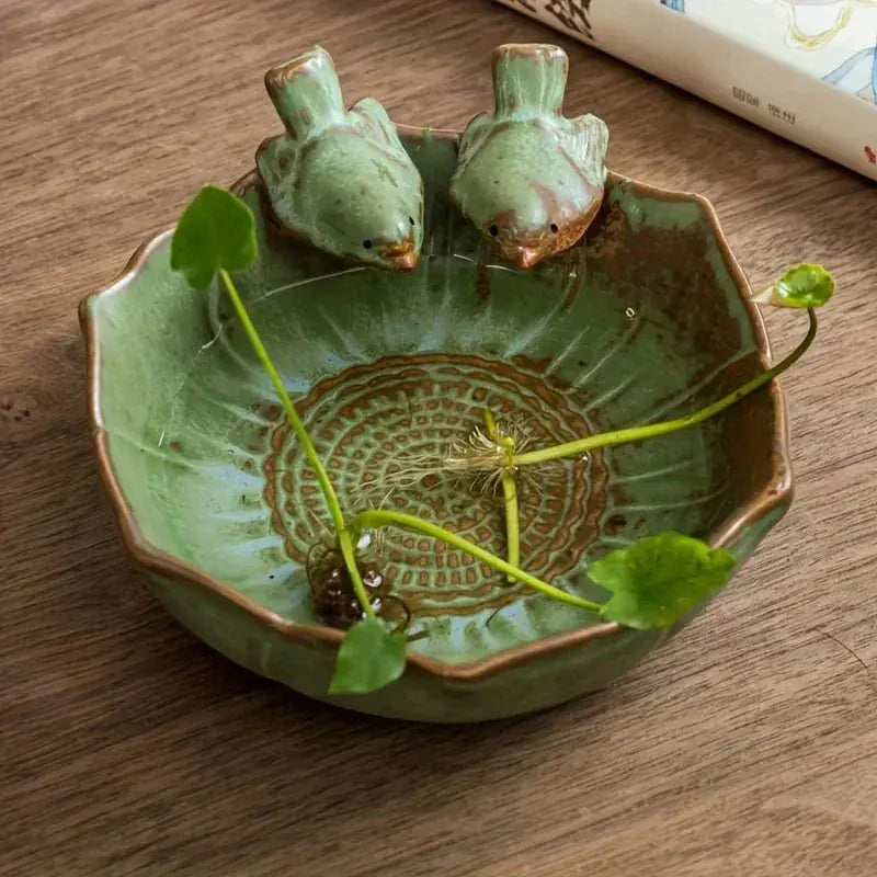 A Ceramic Flower Pot Featuring a Small Outdoor Double Bird Statue, Available in Two Styles, Suitable for... - House Of Avana