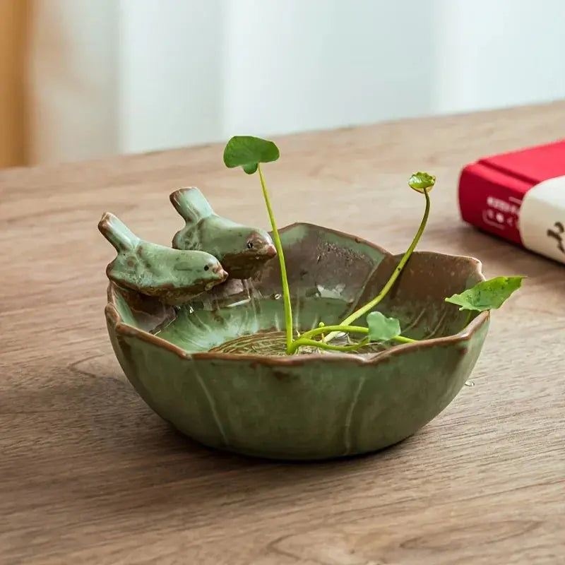 A Ceramic Flower Pot Featuring a Small Outdoor Double Bird Statue, Available in Two Styles, Suitable for... - House Of Avana