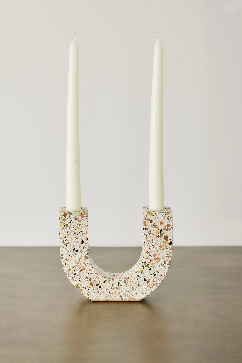 U-shaped Neutral Terrazzo Taper Candle Holder Kanju Interiors