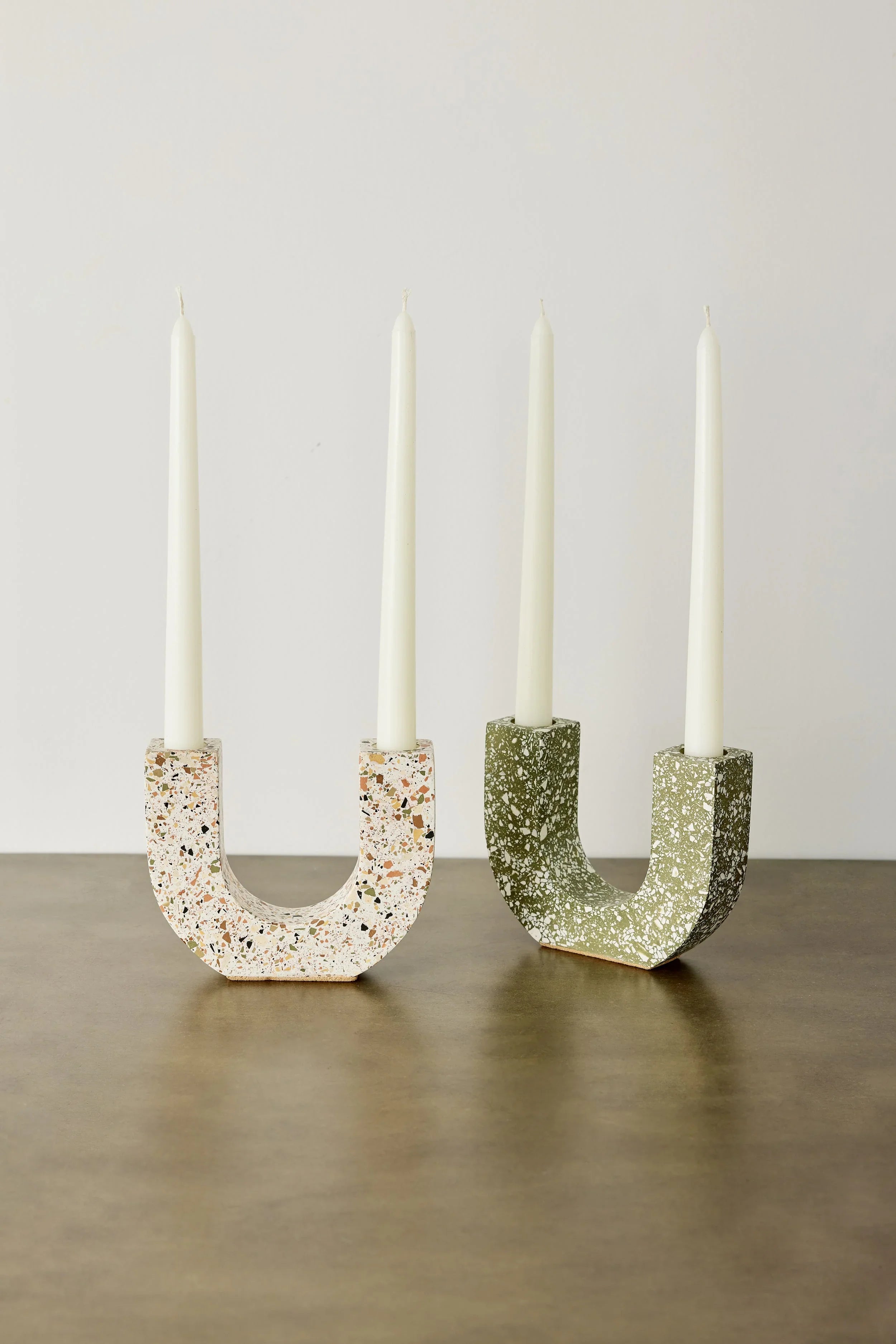 U-shaped Neutral Terrazzo Taper Candle Holder Kanju Interiors
