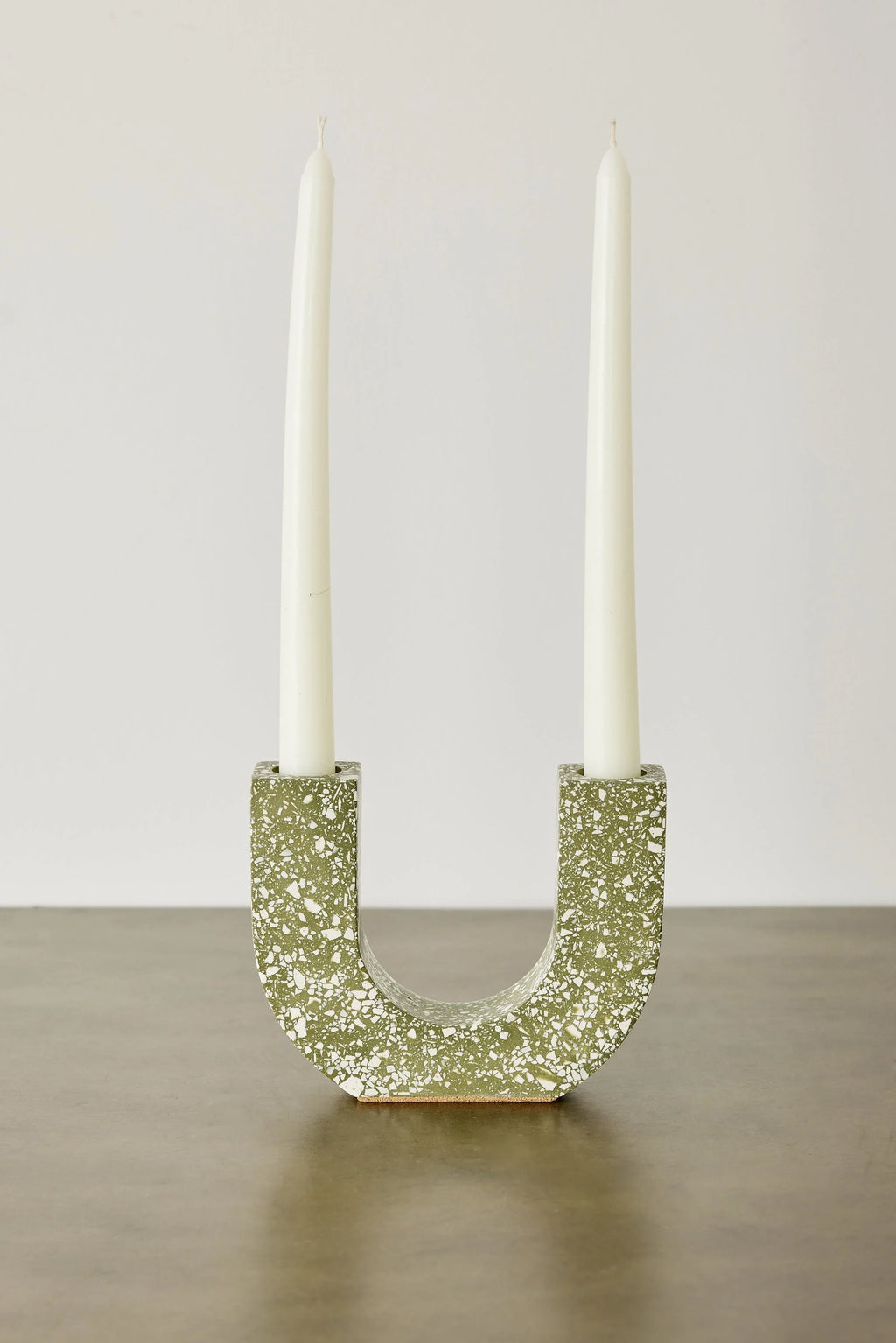 U-shaped Olive Terrazzo Taper Candle Holder Kanju Interiors