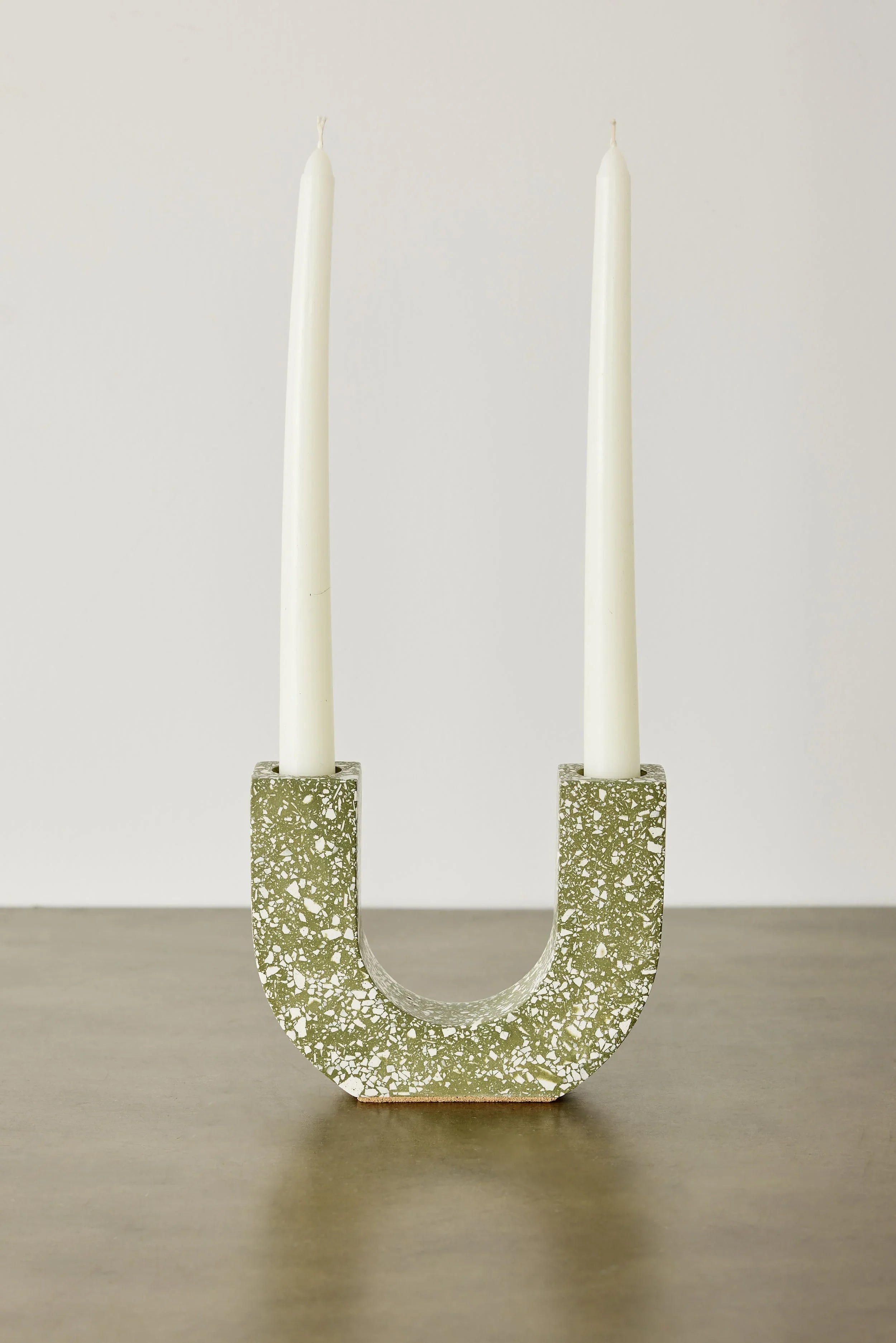 U-shaped Olive Terrazzo Taper Candle Holder Kanju Interiors