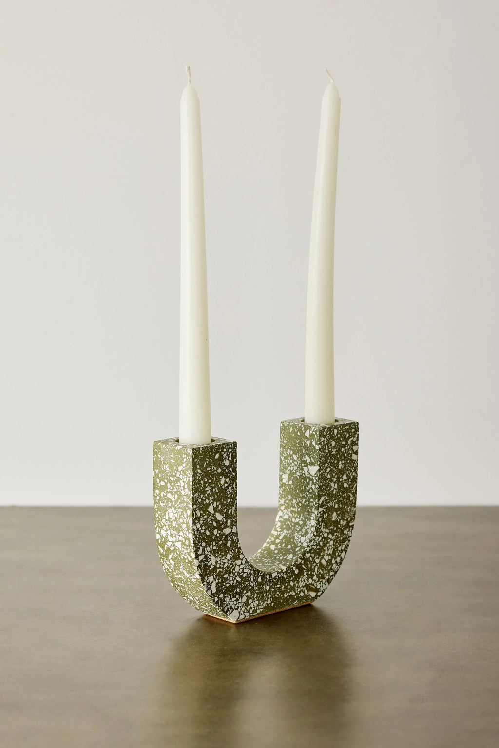 U-shaped Olive Terrazzo Taper Candle Holder Kanju Interiors