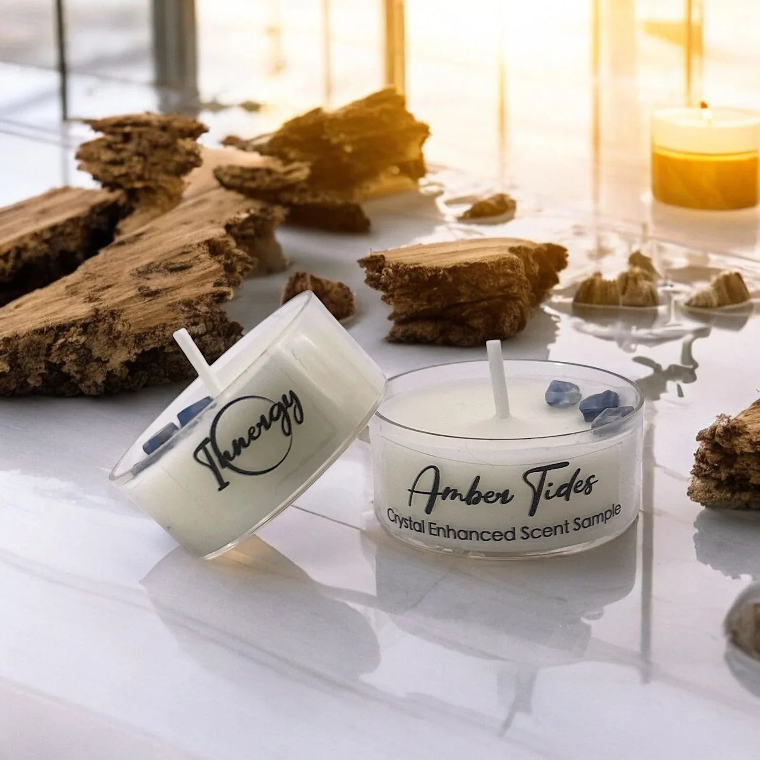 Amber Tides, Premium Coconut-Soy Wax Tea Light Crystal Candle, 1oz - House of Avana