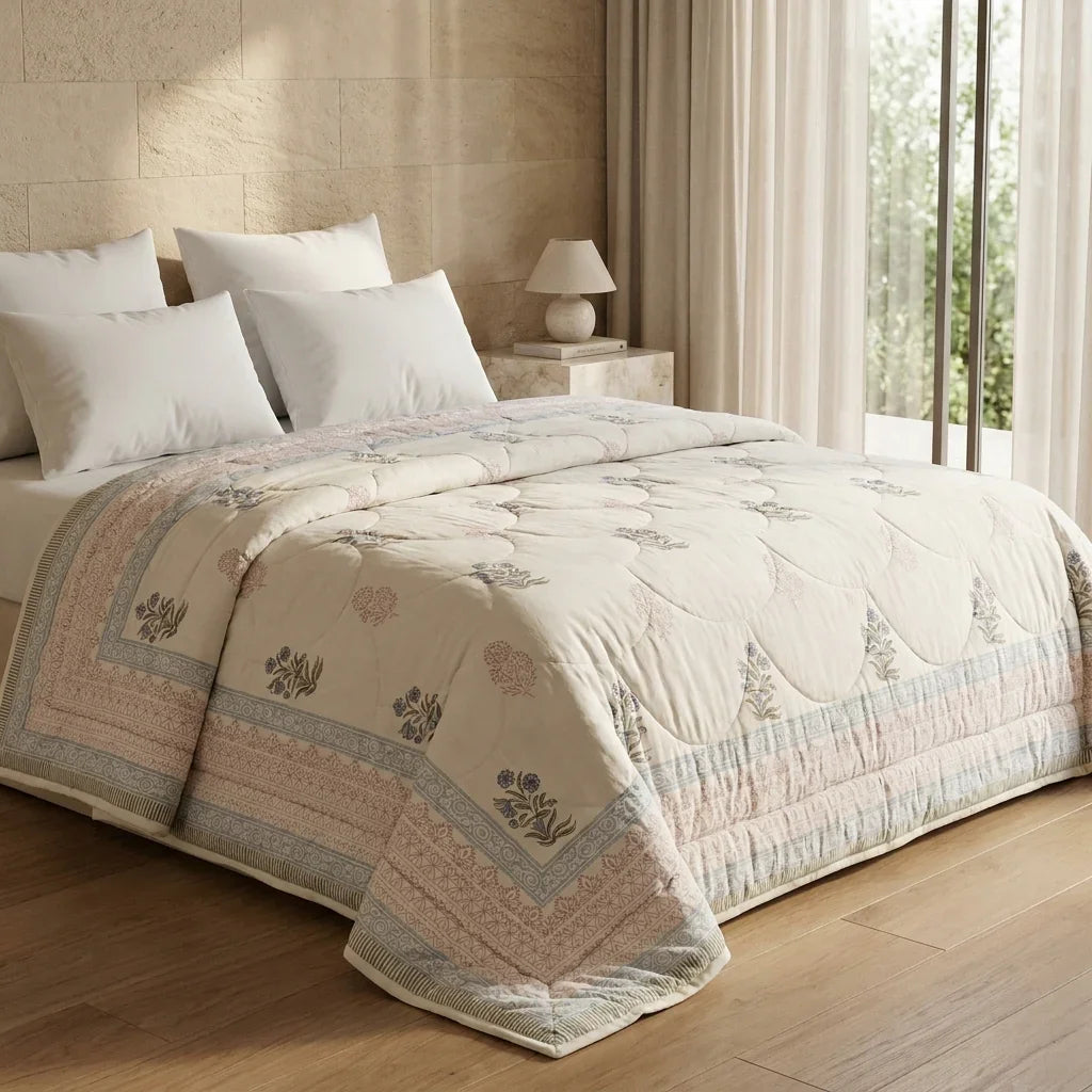 Cream & Burgundy Slate Jaipur Indian hand block print floral quilted comforter | Jaipur Indian block print cotton muslin quilted comforter | Sanganer hand block print floral bedding | quilt Queen King size India handicraft | House of Avana