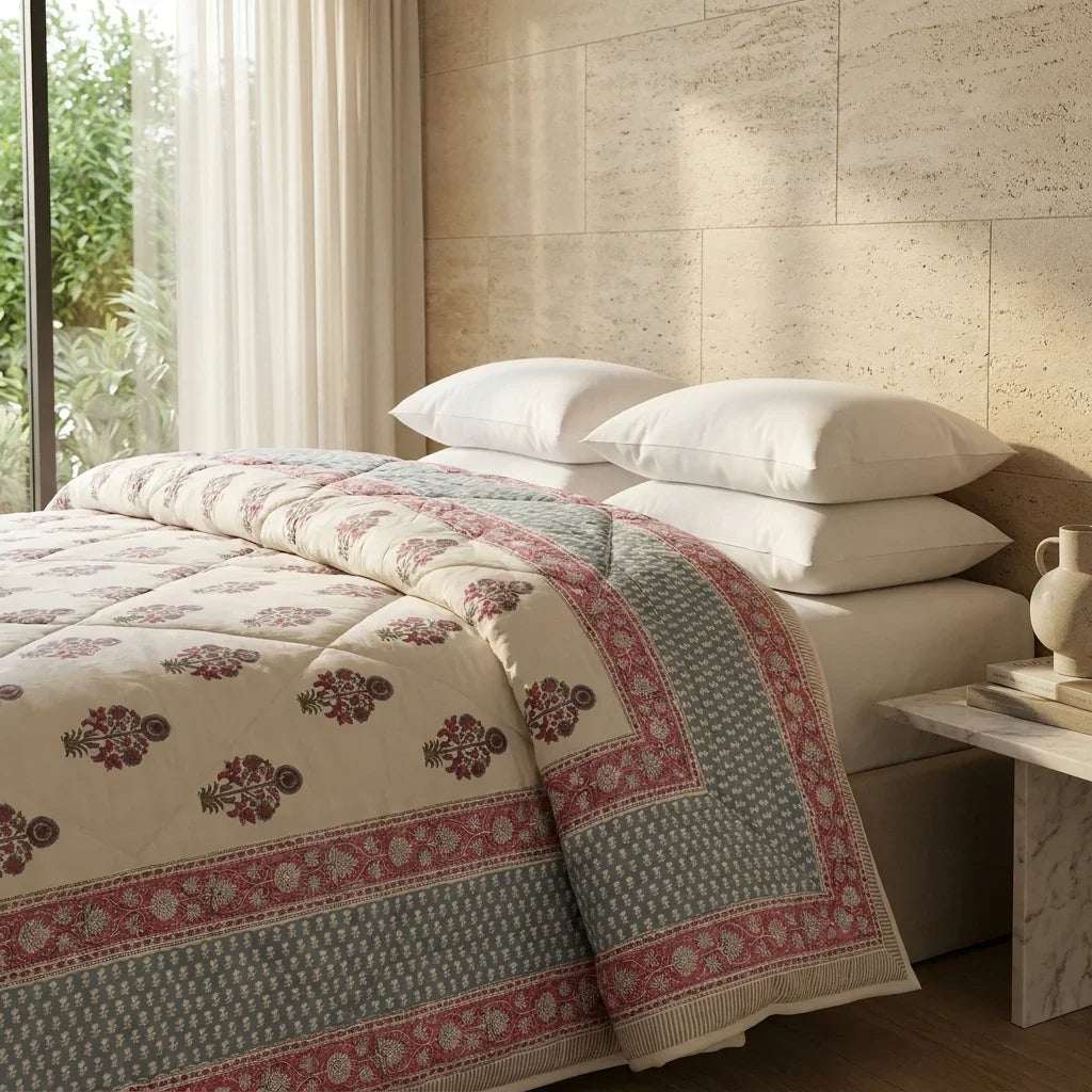 Cream & Charcoal Taupe Jaipur Indian hand block print floral quilted comforter | Jaipur Indian block print cotton muslin quilted comforter | Sanganer hand block print floral bedding | quilt Queen King size India handicraft | House of Avana [[SKU:HOA-COM-CGTP-028-Q]]