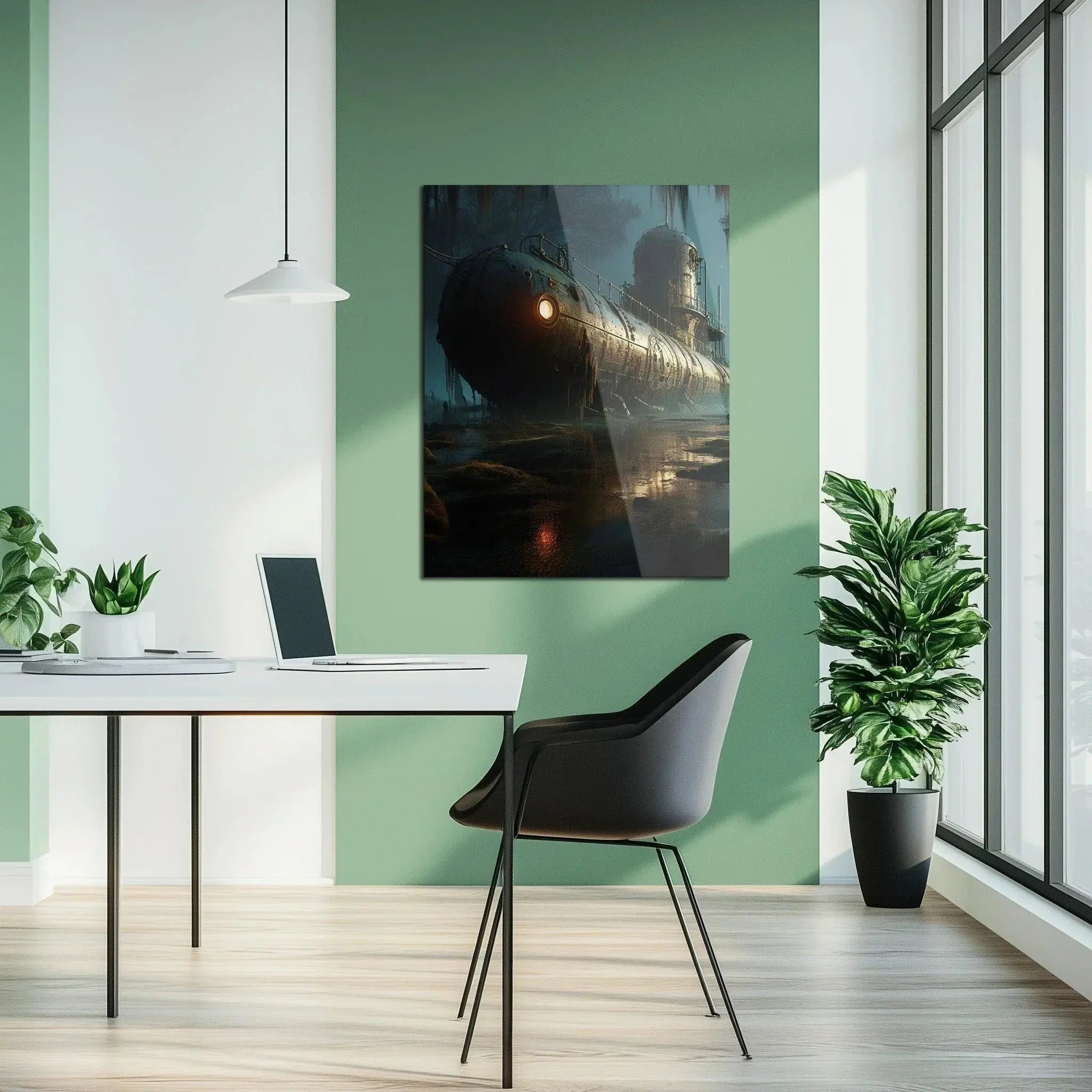 Abandoned Submarine in Swamp Glass Wall Art – Moody Nautical Uv Print Design-kafcd030, front view - House Of Avana