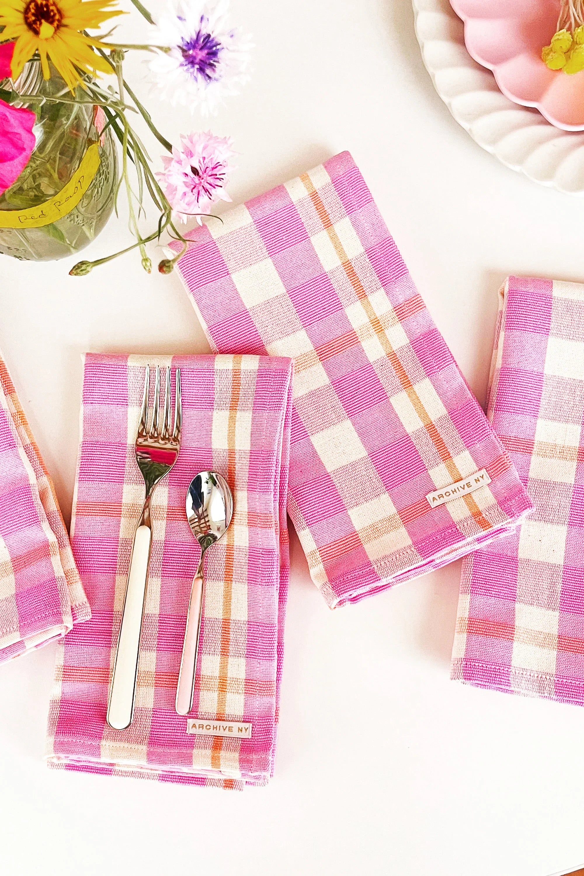 Abigail Plaid Dinner Napkin in Bubblegum Archive New York