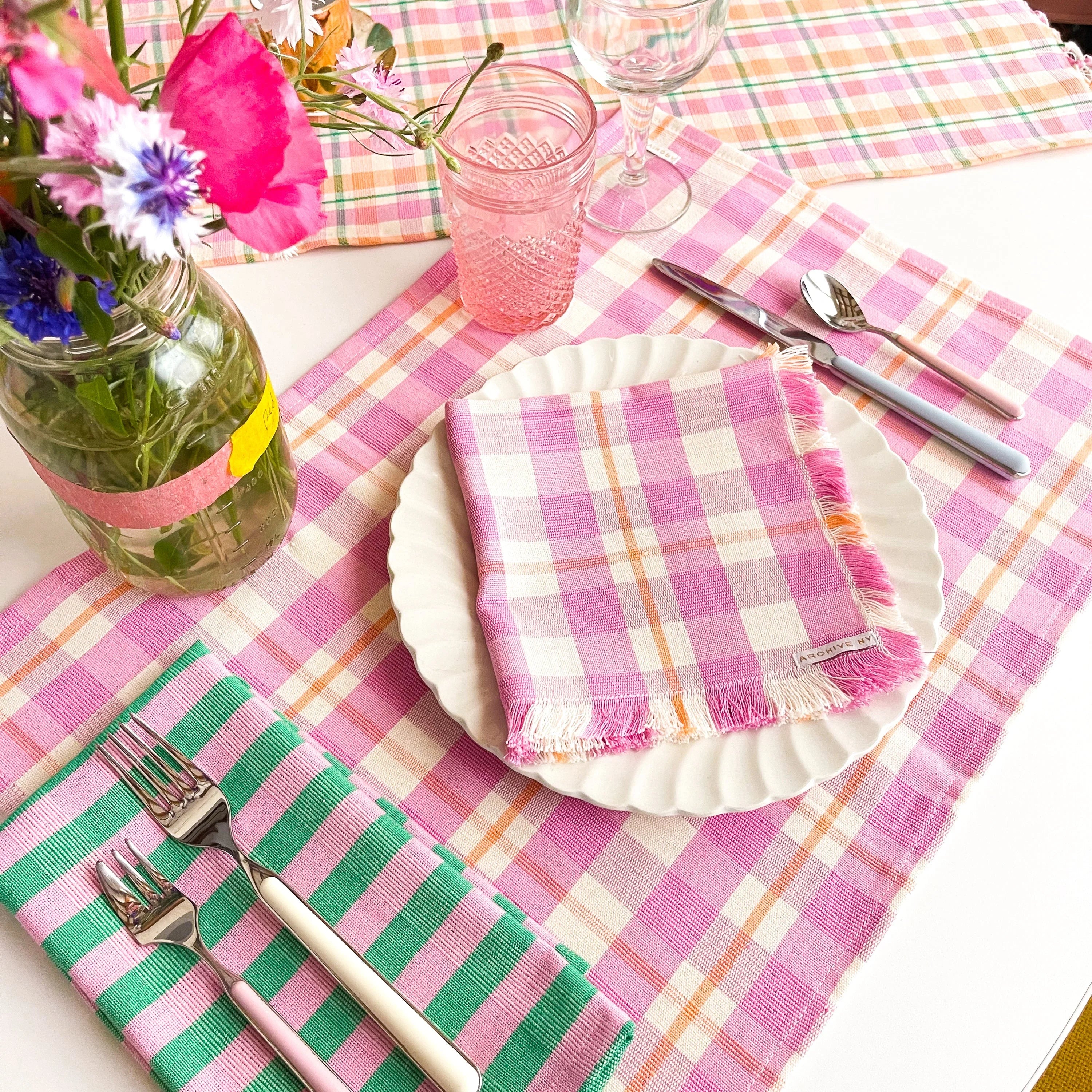 Backordered: Abigail Plaid Party Napkin in Bubblegum and Peach Archive New York
