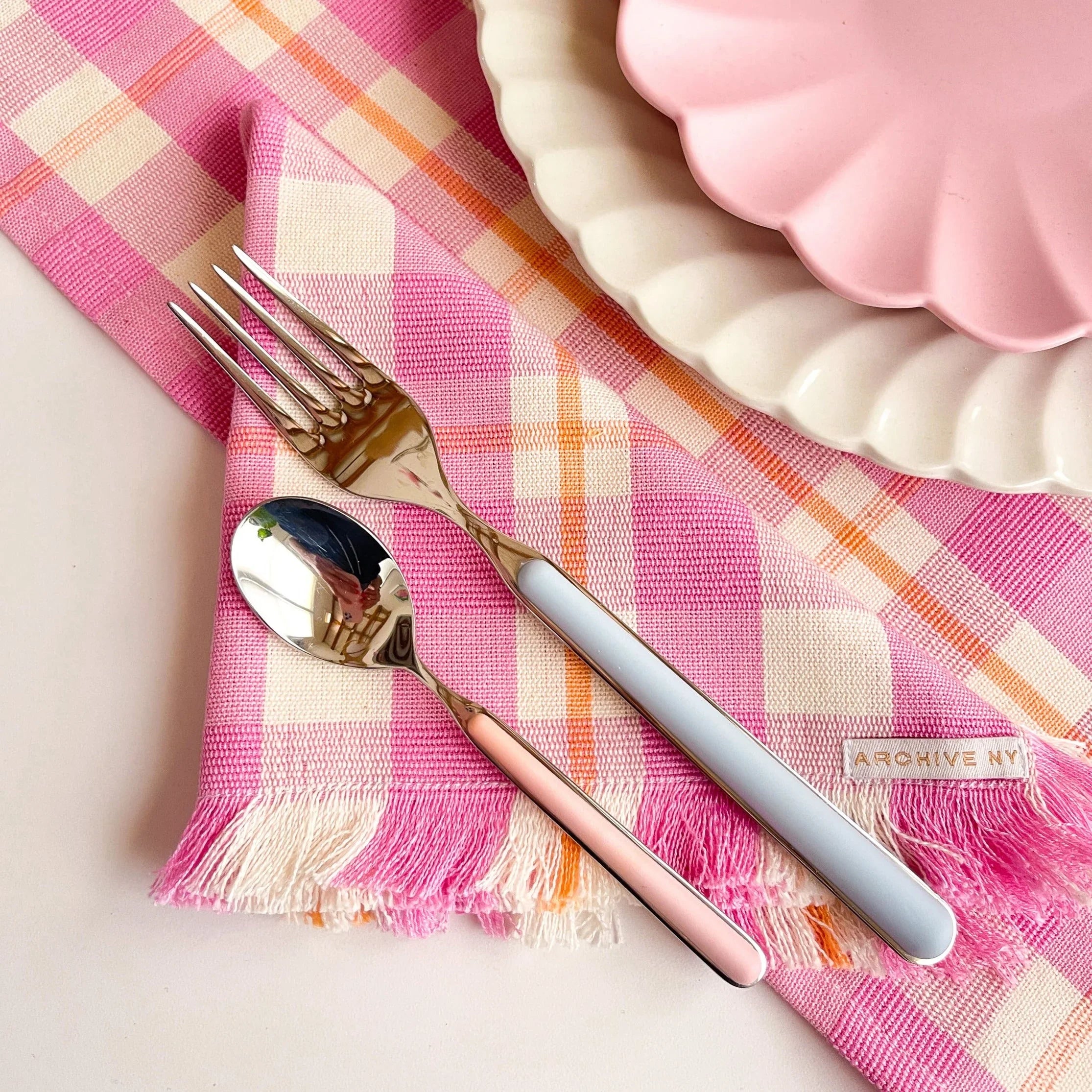 Backordered: Abigail Plaid Party Napkin in Bubblegum and Peach Archive New York