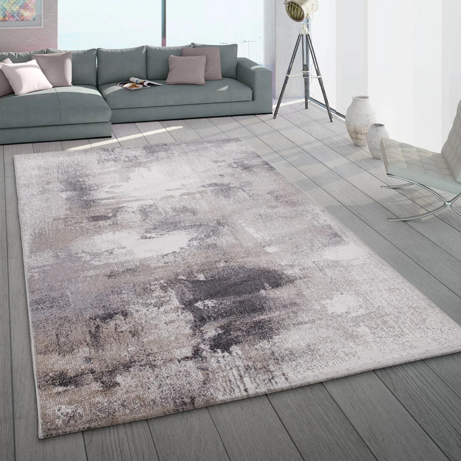Abstract Area Rug Mero Artful Colors in Beige Grey, front view - House Of Avana
