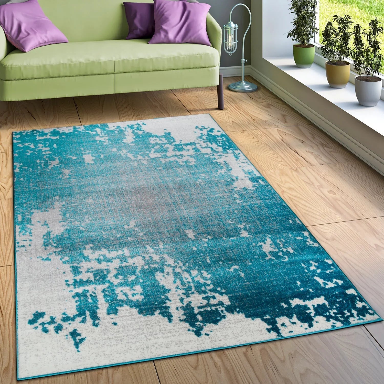 Abstract Area Rug Splash with Used Look in Turquiose Cream, detail shot - House Of Avana