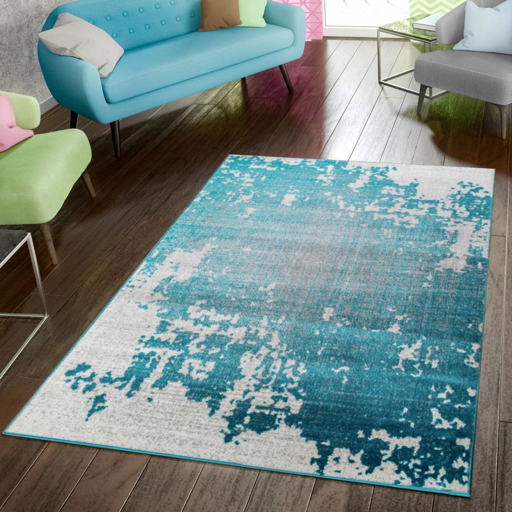 Abstract Area Rug Splash with Used Look in Turquiose Cream, front view - House Of Avana