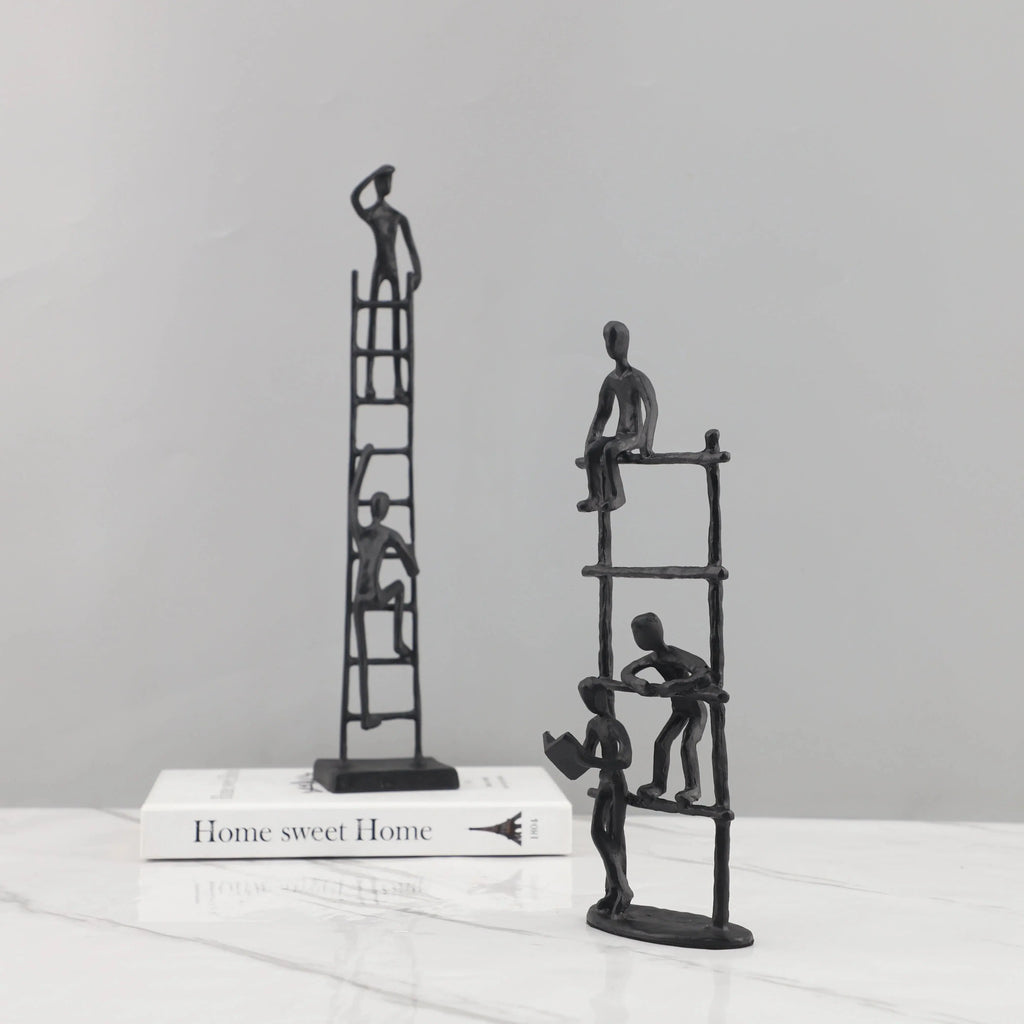 Abstract Sculpture - Metal Silver Climbing Stairs Design, angled view - House Of Avana