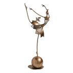 Bronze abstract dancing ballerina metal sculpture balancing on one leg atop a polished spherical base decorative figurine