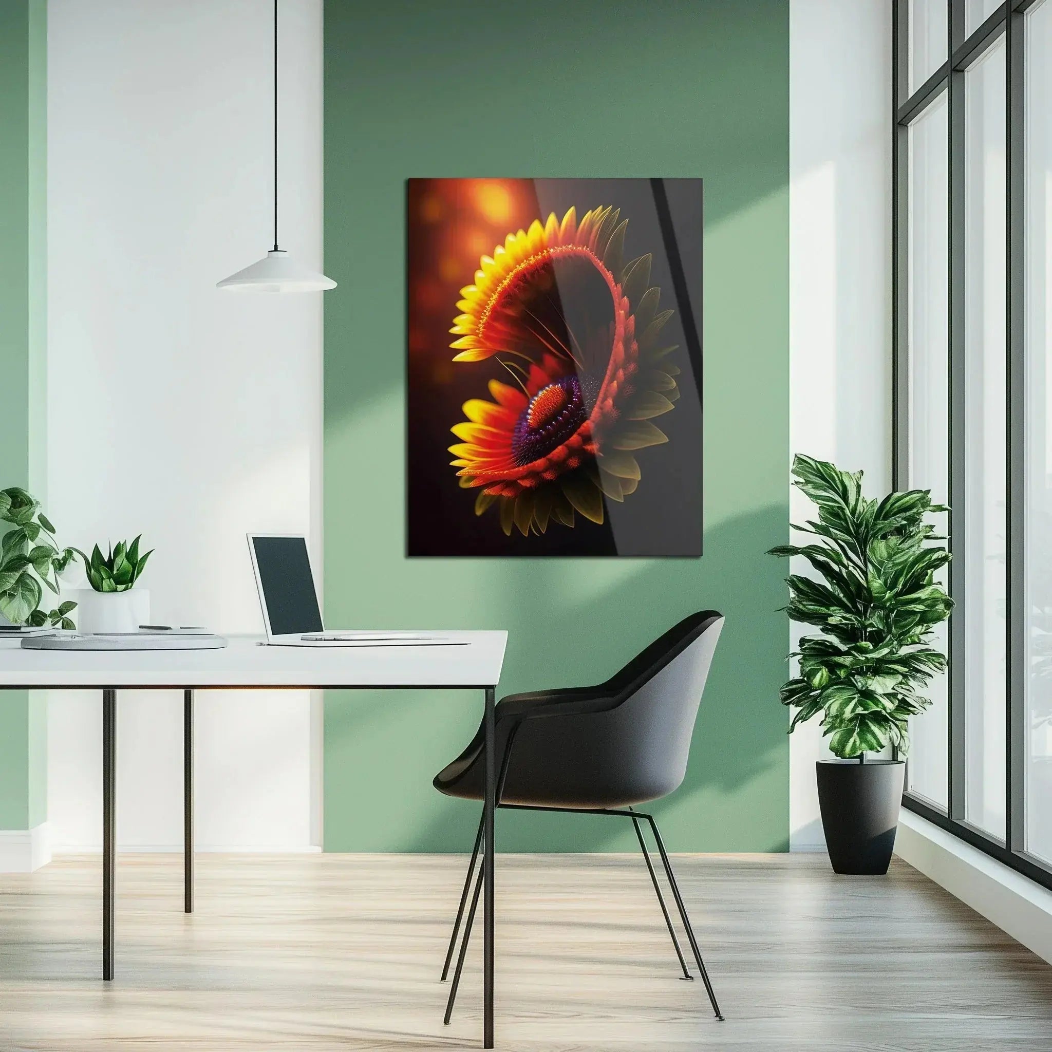 Abstract Fire Petal Bloom Glass Wall Art – Glowing Floral Uv Print Design-kafcd050, front view - House Of Avana