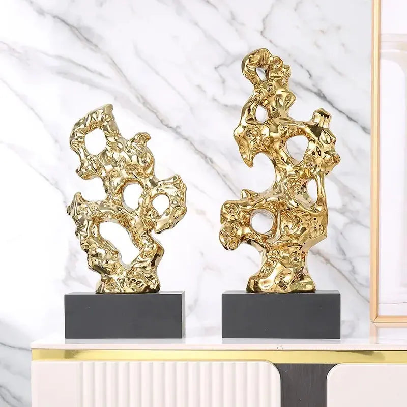 Resin Ornaments Gold Hollowed Out Stone Statue Taihuite Coral Sculpture Decorative Figurines Home Decoration Accessories - House Of Avana