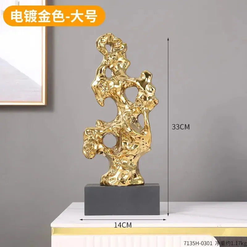 Resin Ornaments Gold Hollowed Out Stone Statue Taihuite Coral Sculpture Decorative Figurines Home Decoration Accessories - House Of Avana