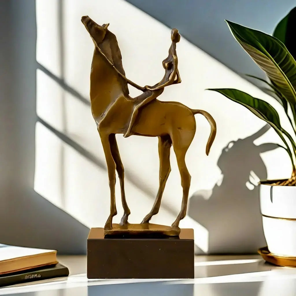 Bronze-colored abstract horse rider sculpture on a dark rectangular base decorative rider sculpture for display