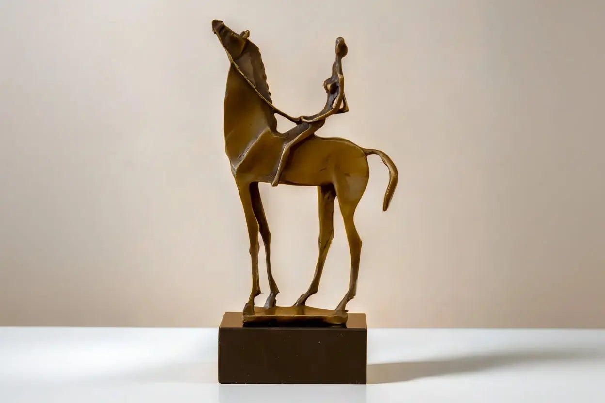 Bronze-colored abstract horse rider sculpture on a dark rectangular base decorative rider sculpture statue