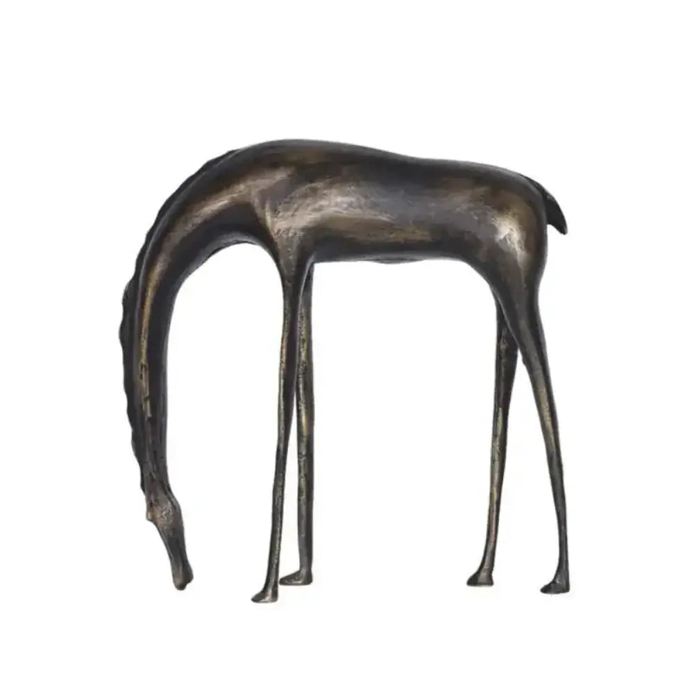 Bronze-colored minimalist horse sculpture with slender legs and elongated neck cast iron rustic decor for living room
