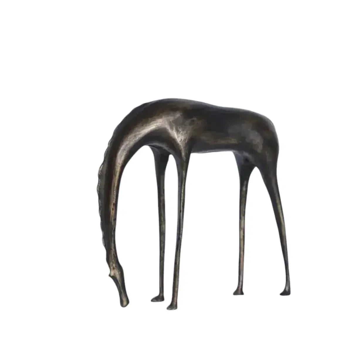 Abstract bronze giraffe sculpture with elongated legs and curved neck resembling an abstract grazing horse sculpture for decor