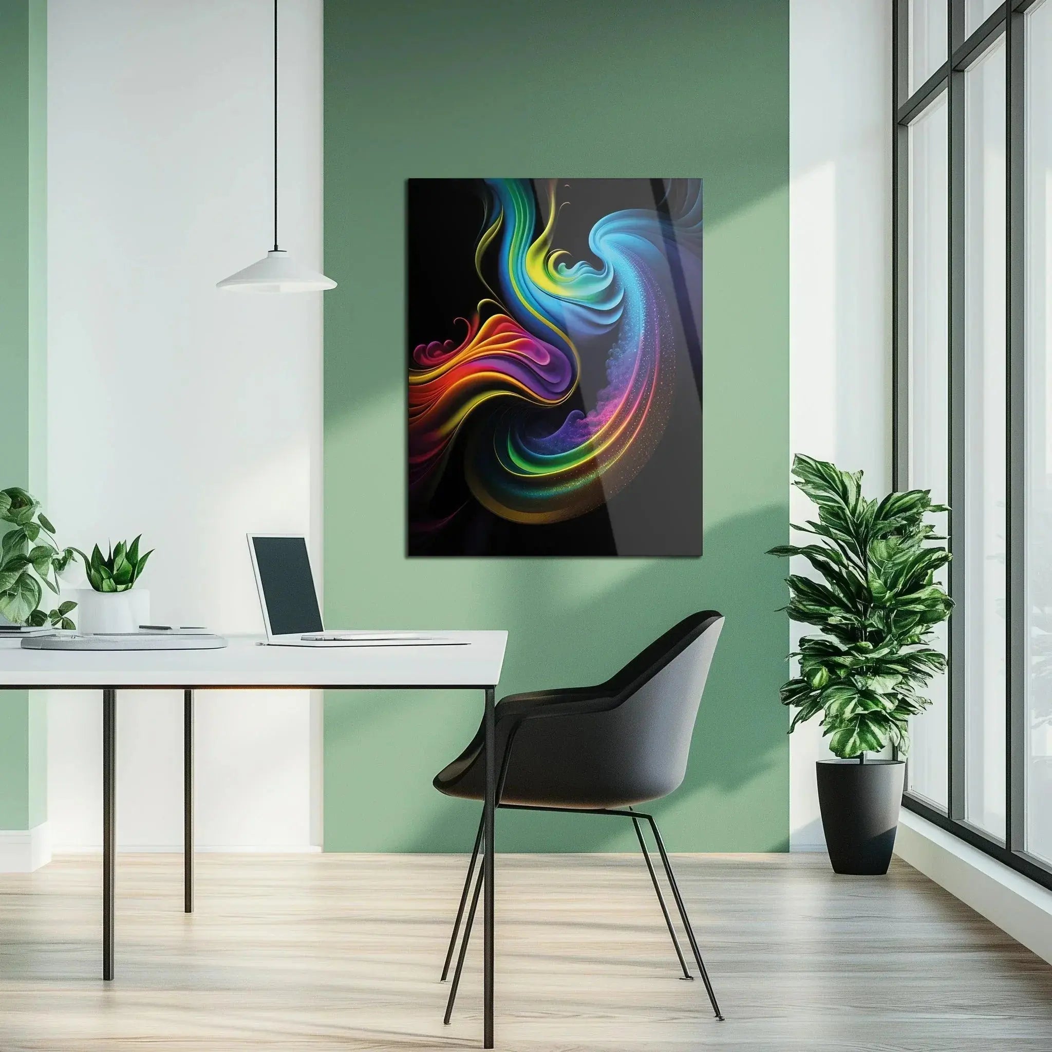 Abstract Neon Swirl Glass Wall Art – Colorful Fluid Motion on Deep Black Canvas-kafcd019, front view - House Of Avana