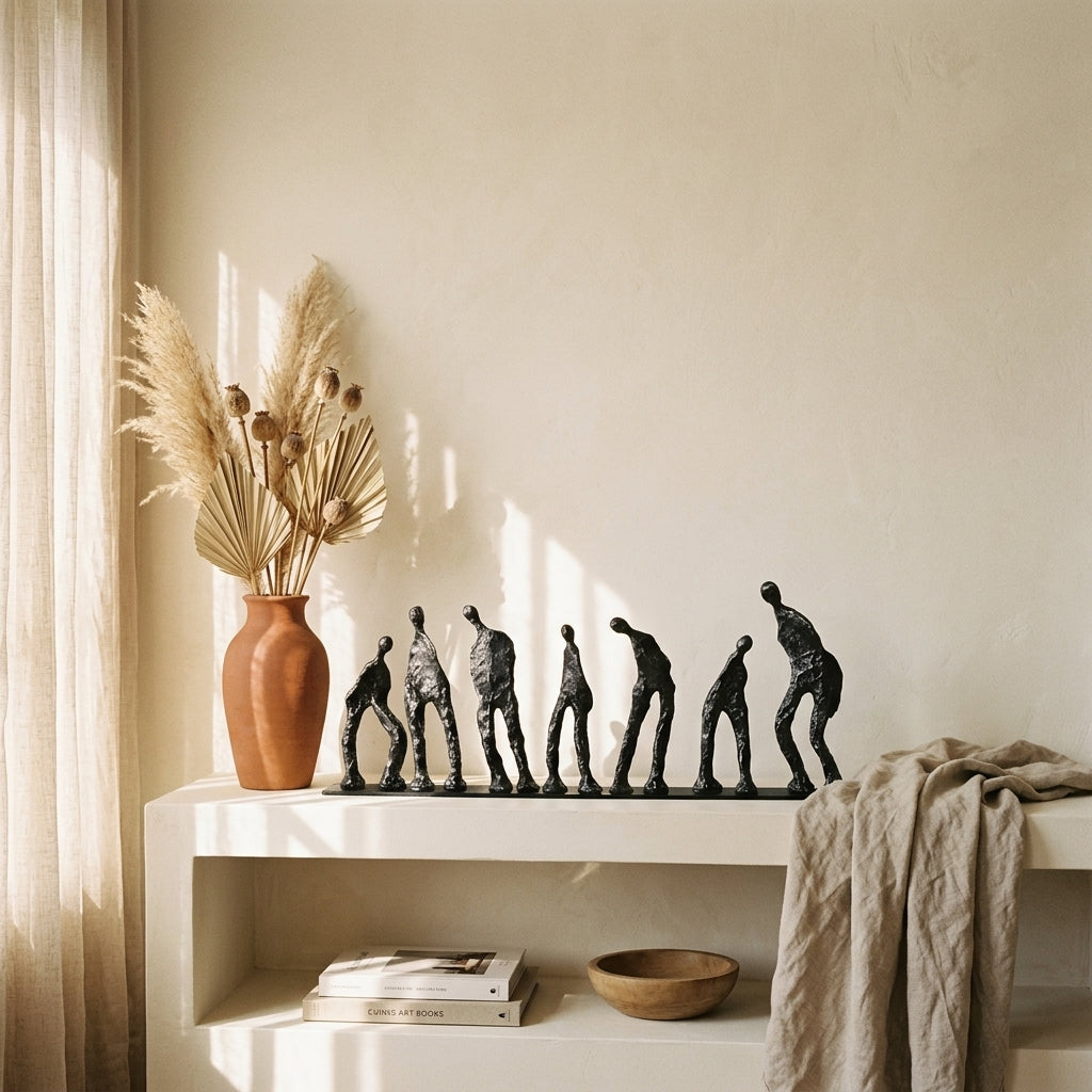 A set of nine black metal figurines depicting the evolution of the human form, displayed on a white console table next to a terracotta vase with dried pampas grass in a warm, sunlit room. [[SKU:HOA-SCU-012]]