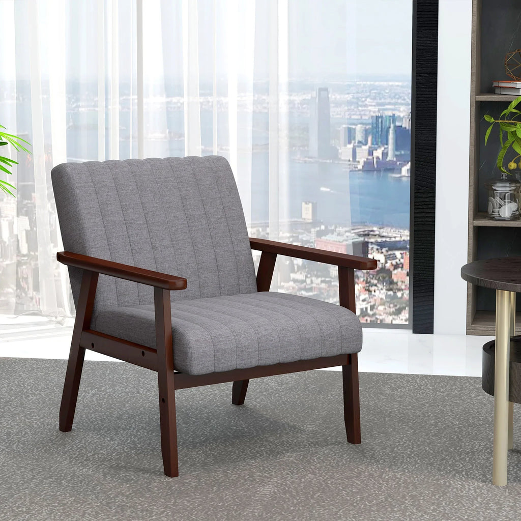 Accent Chair - Grey Tufted Wooden Legs, angled view - House Of Avana