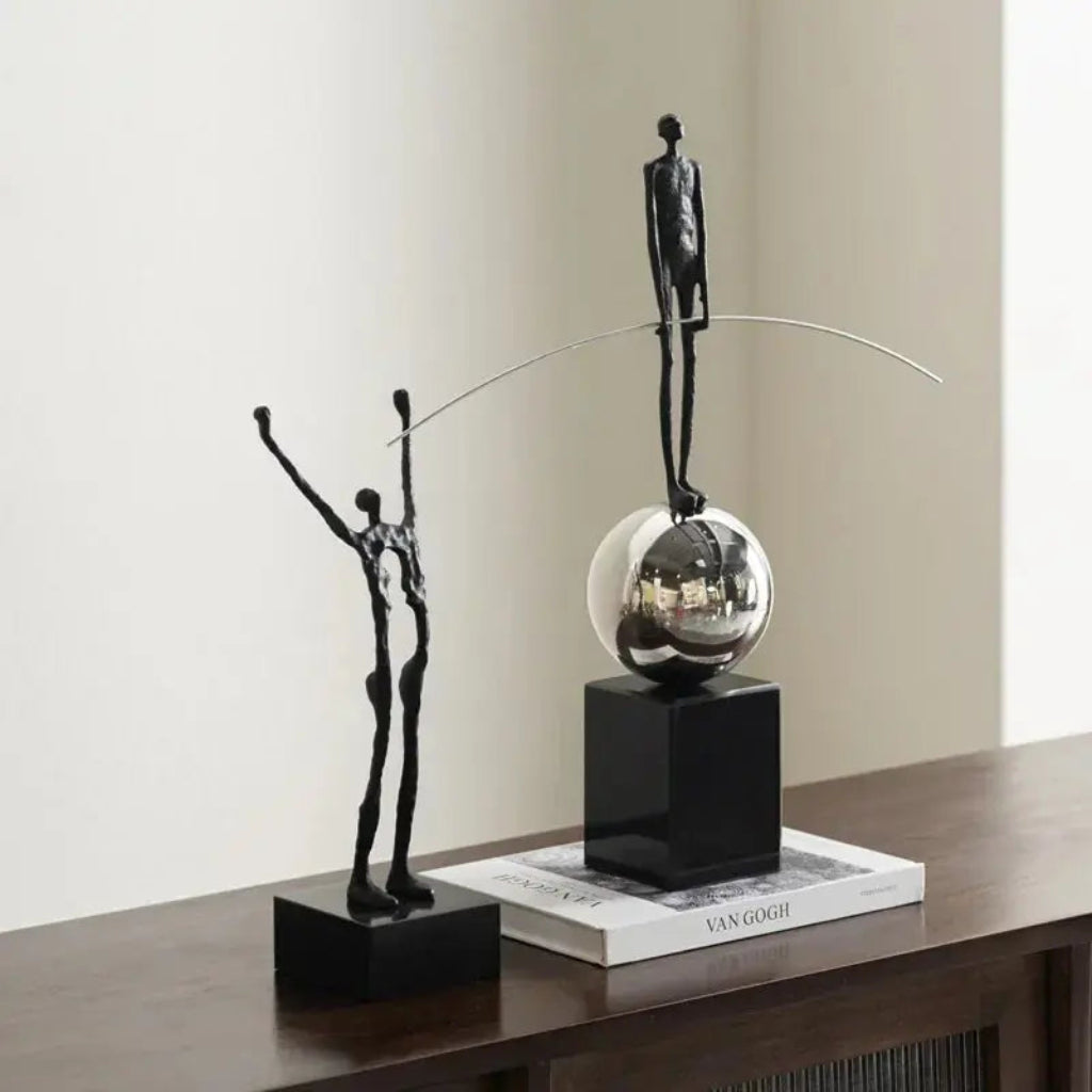 Abstract Sculpture - Acrobatic Figurine Gold Finish | Mixed (Metal and Marble) Figure Sculpture | front view | Abstract home decor | House of Avana