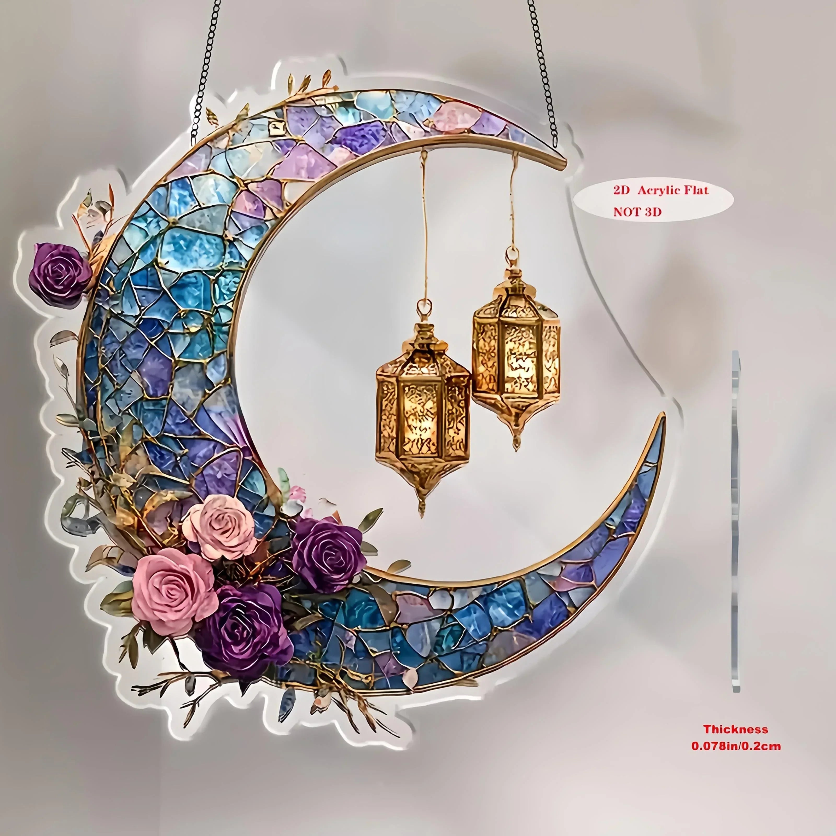 Acrylic Sun Catcher - Double-sided Crescent Moon, side view - House Of Avana