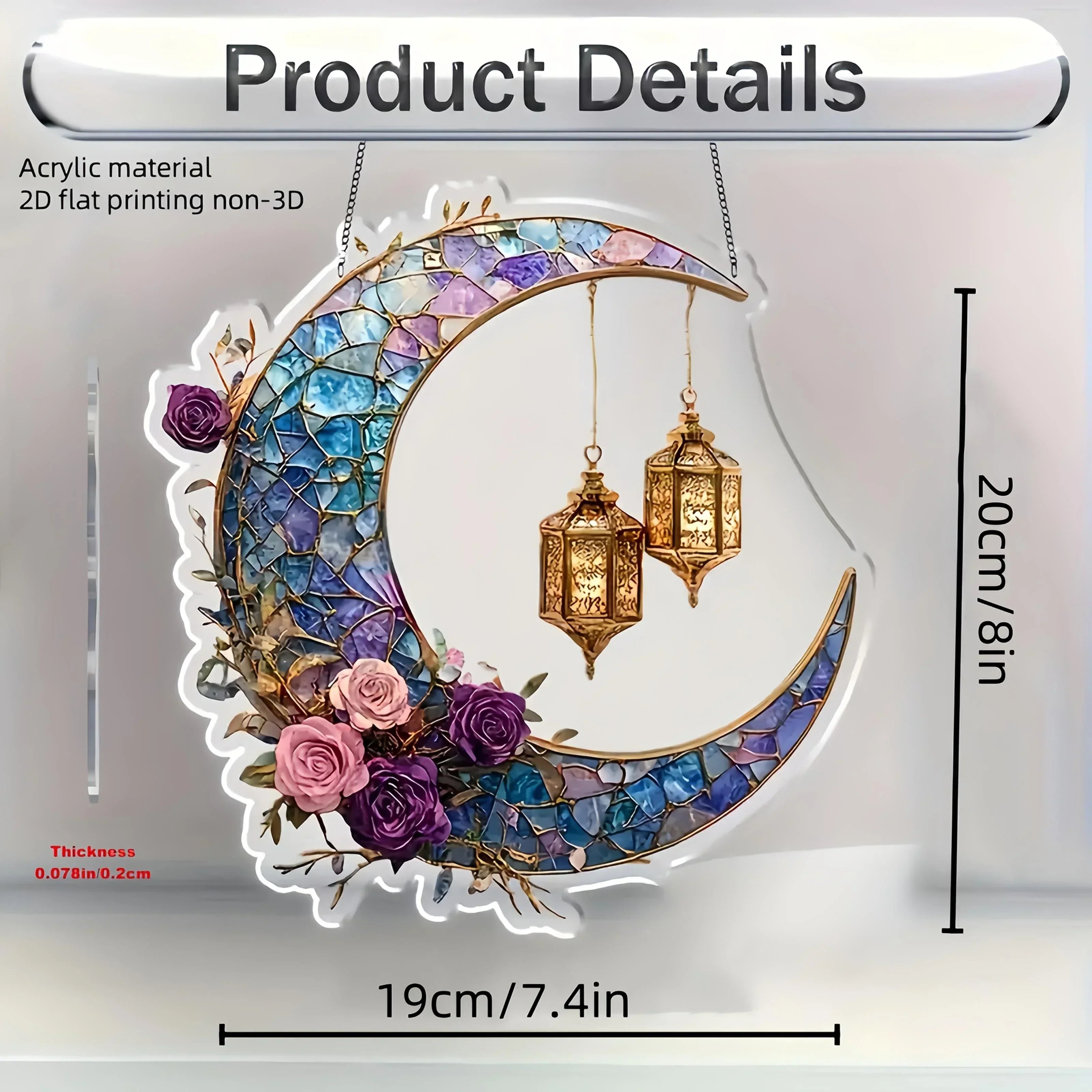 Acrylic Sun Catcher - Double-sided Crescent Moon, detail shot - House Of Avana
