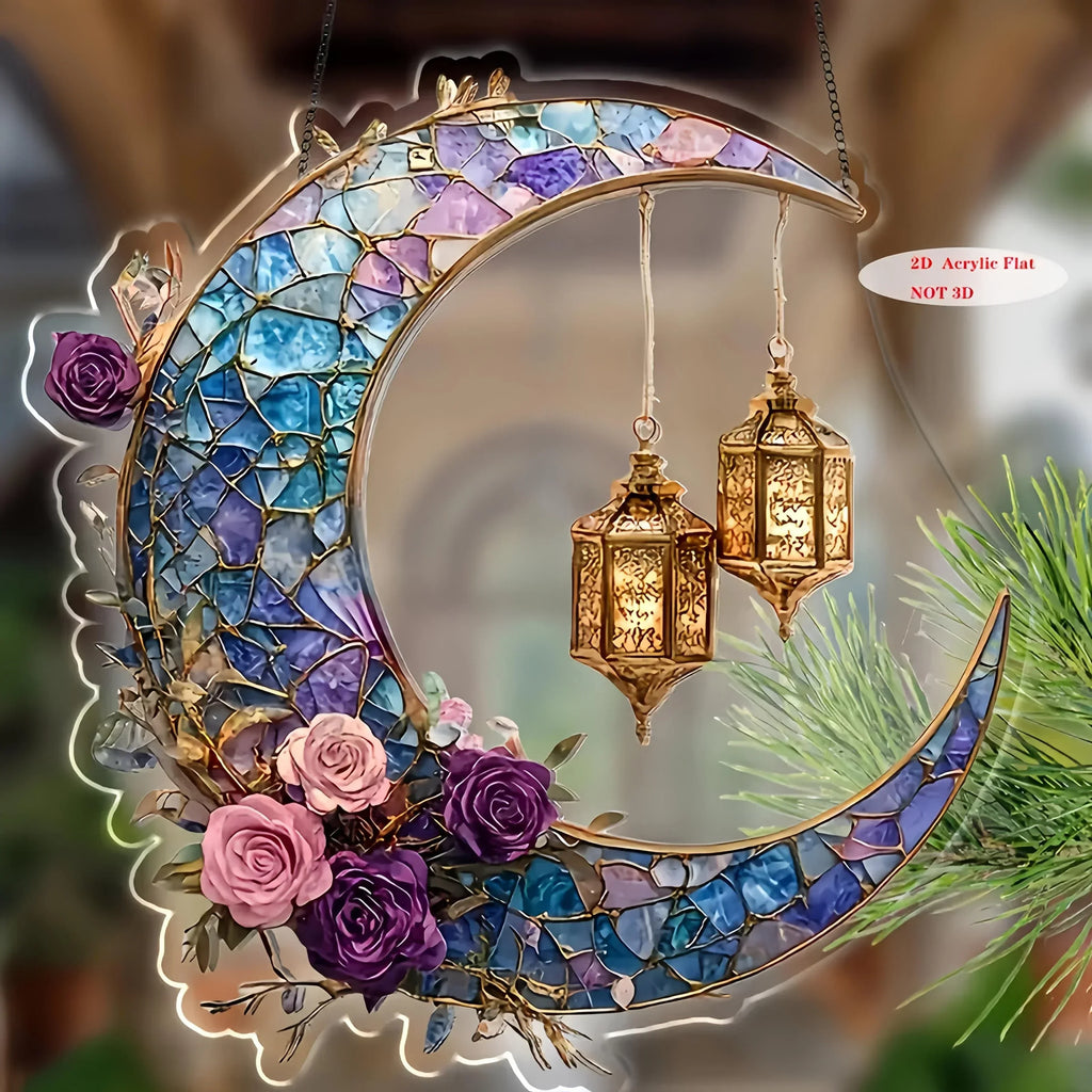 Acrylic Sun Catcher - Double-sided Crescent Moon, top view - House Of Avana