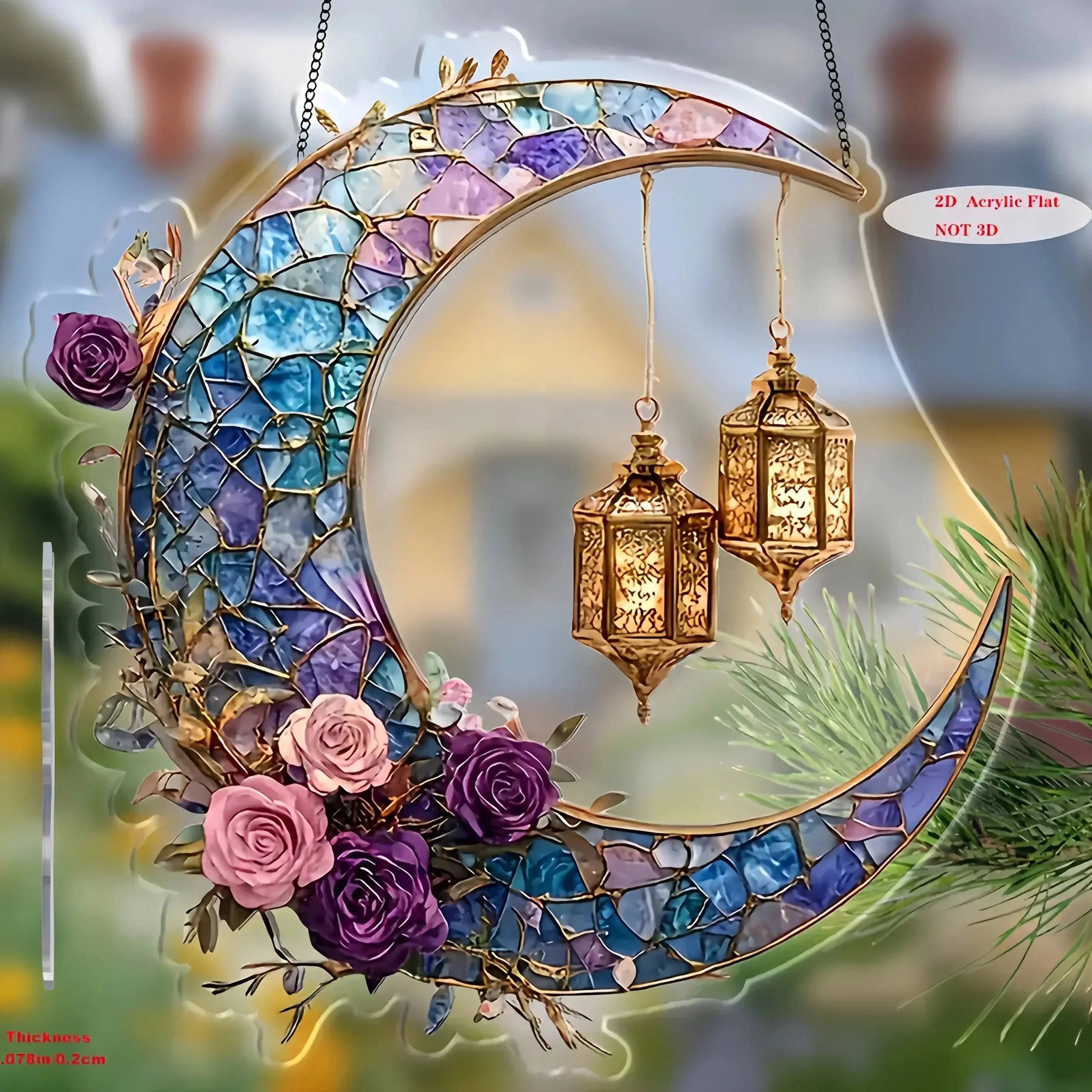 Acrylic Sun Catcher - Double-sided Crescent Moon, front view - House Of Avana