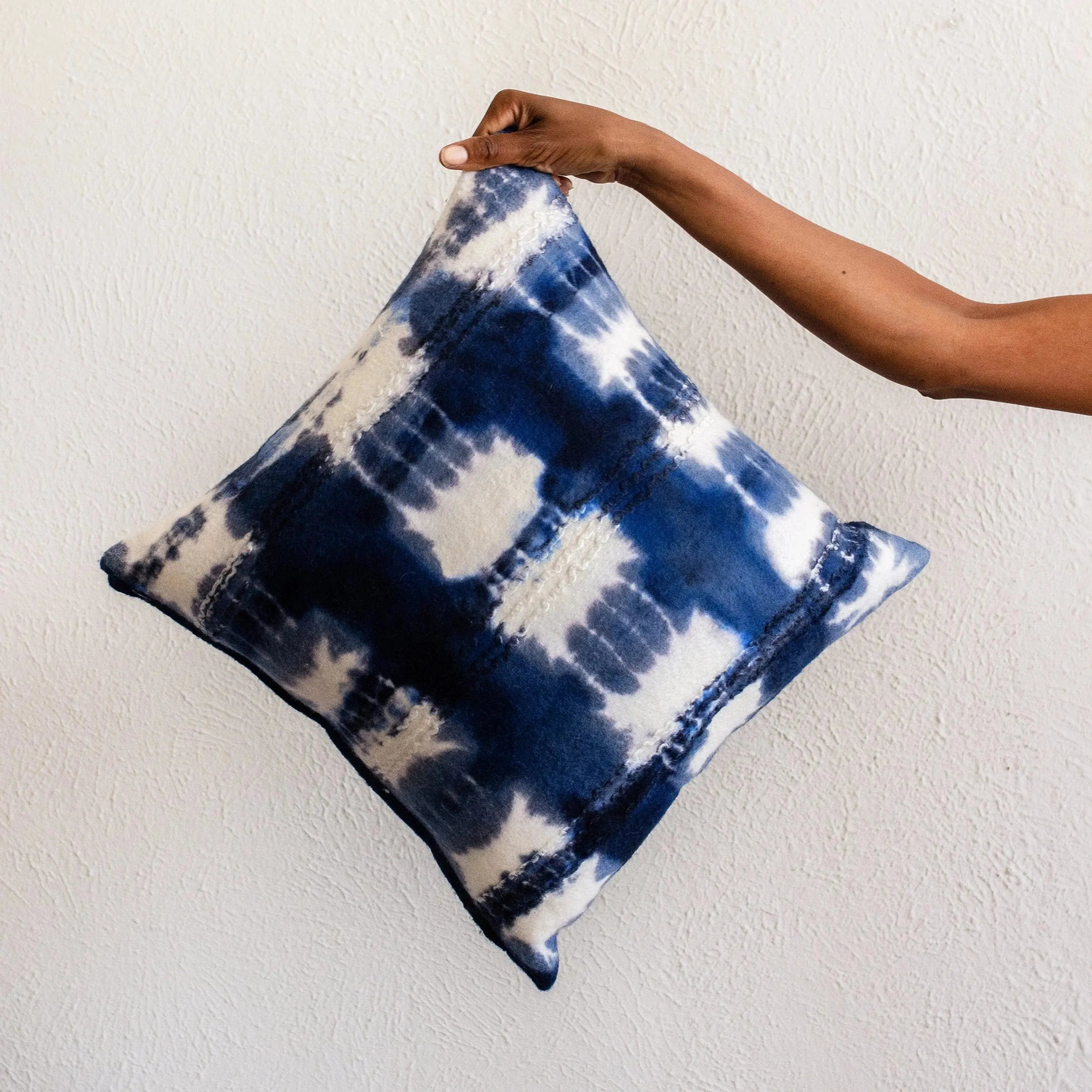 Adire Tie-dye Wool Blue Indigo Throw Pillow, back view - House Of Avana