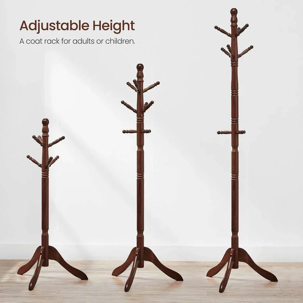 Adjustable Height Solid Wood Coat Rack with 10 Hooks in Dark Brown Finish