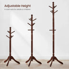 Adjustable Height Solid Wood Coat Rack with 10 Hooks in Dark Brown Finish