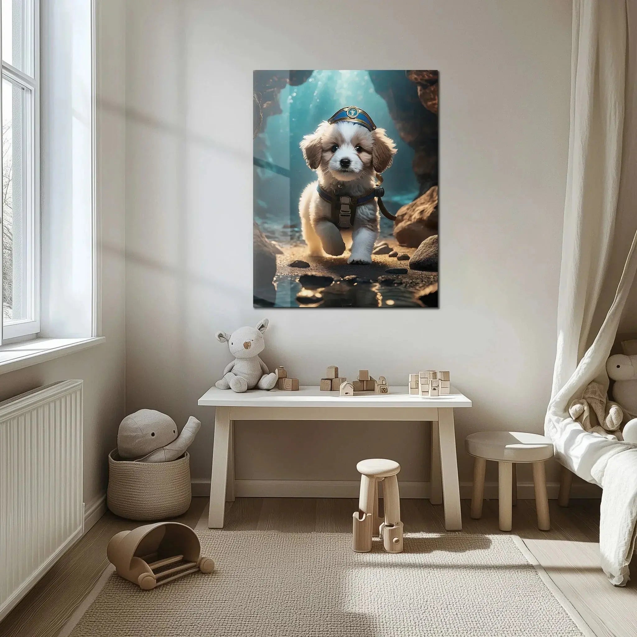 Adventure Puppy Portrait – Cute Explorer Dog Uv Glass Wall Art for Pet Lovers - Kafcd110, front view - House Of Avana