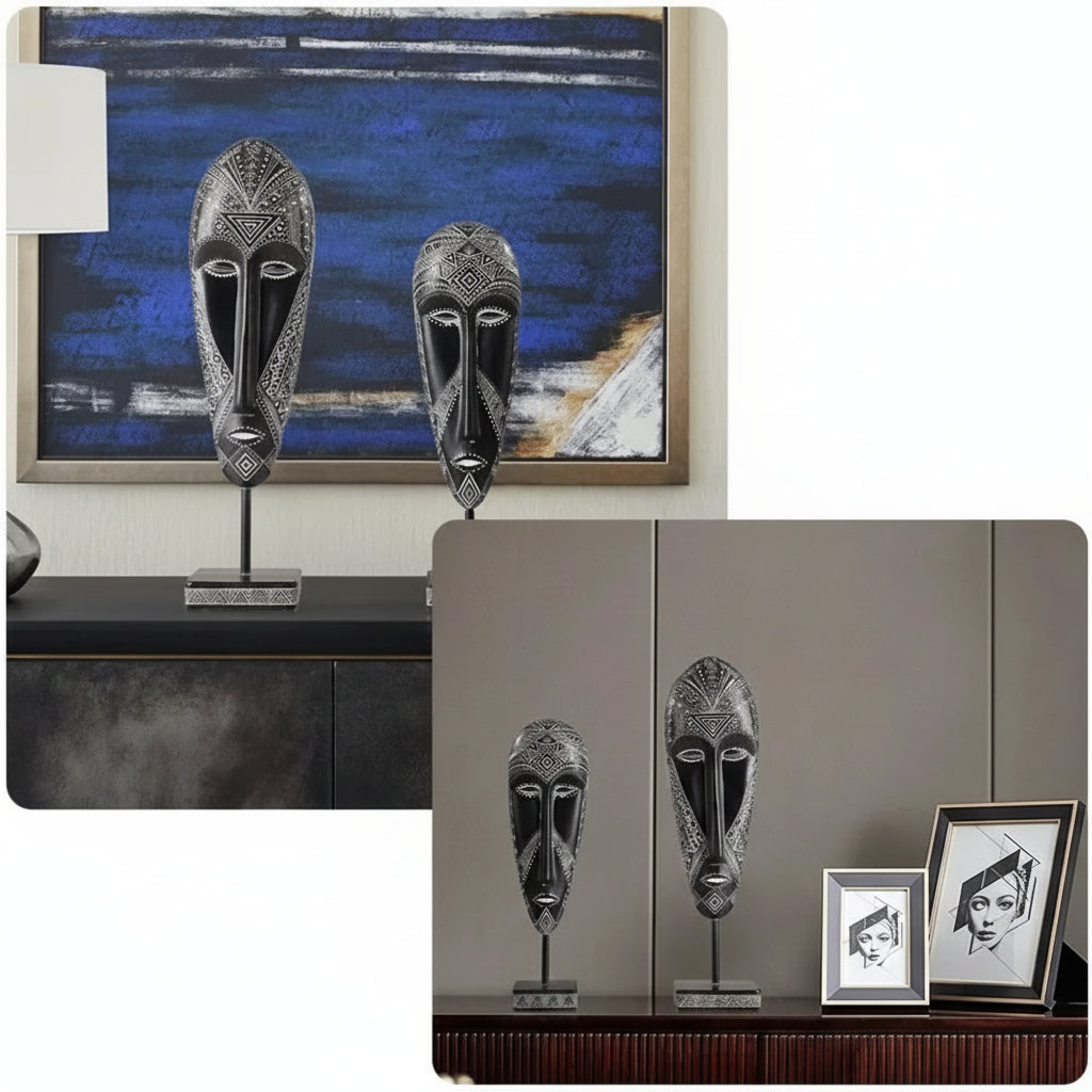 African Mask Wall Art - Hand-Painted Tribal Design | Decorative Figurine | base detail | Abstract home decor | House of Avana