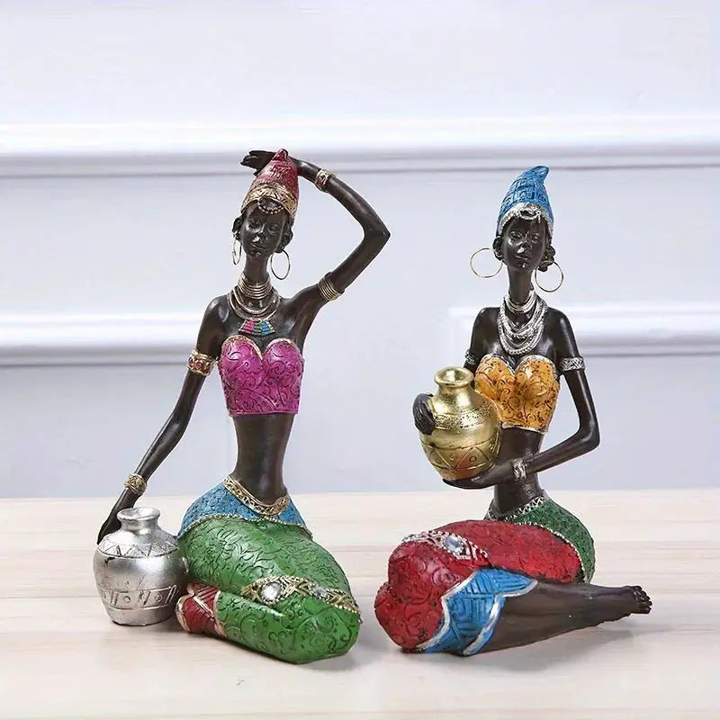 African Tribal Figurines - Colorful Pottery Design, front view - House Of Avana
