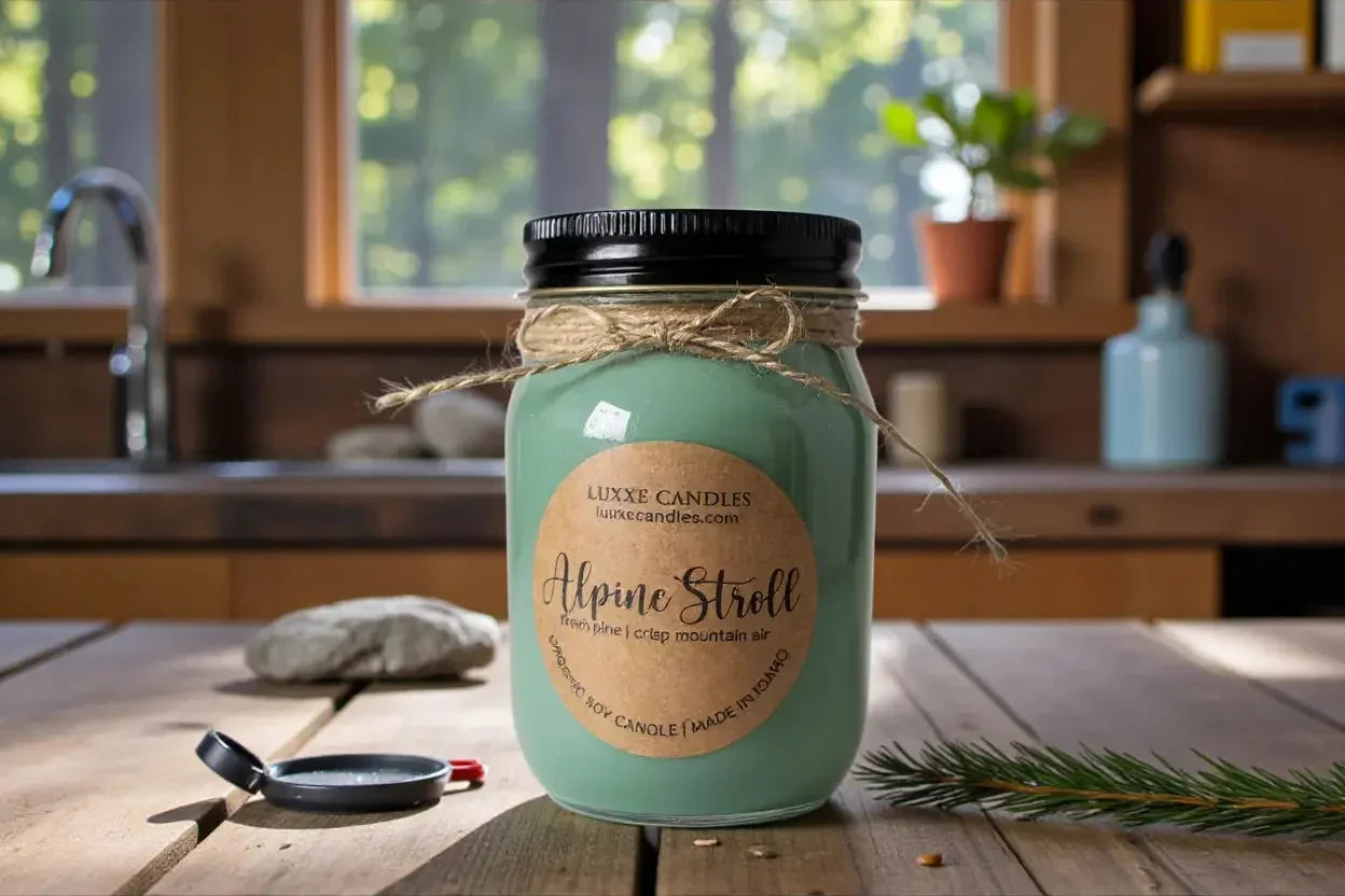 Alpine Stroll Mason Jar Soy Candle, back view - House Of Avana