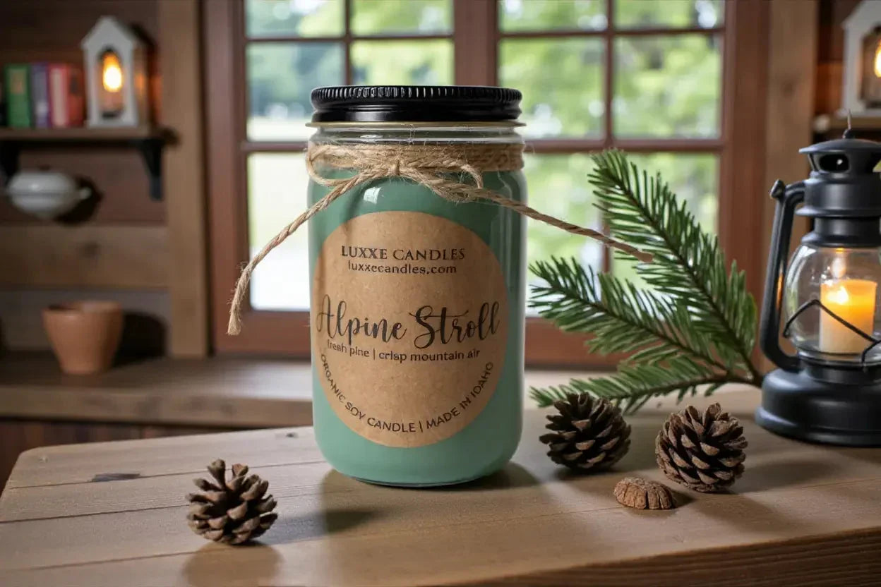 Alpine Stroll Mason Jar Soy Candle, side view - House Of Avana