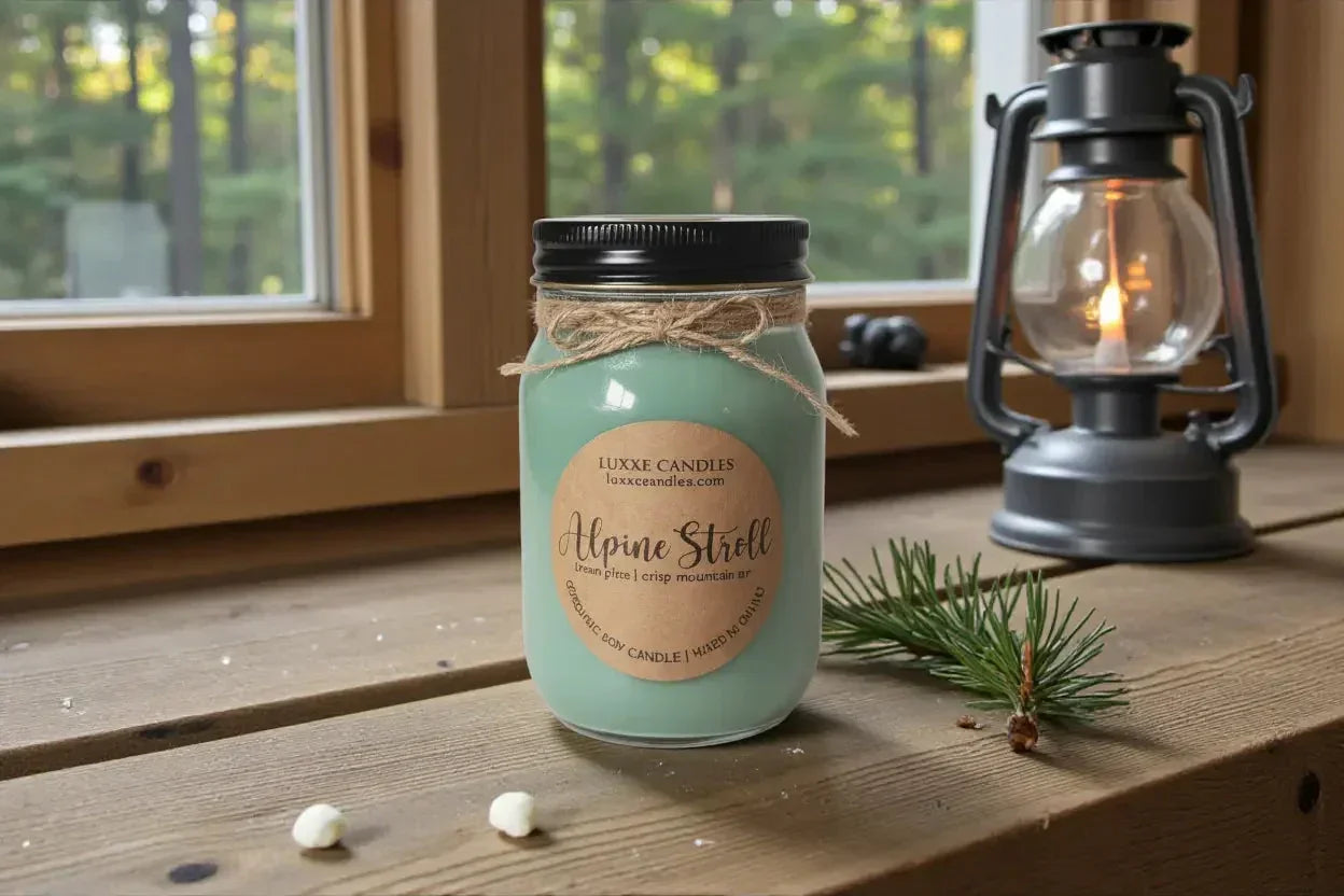 Alpine Stroll Mason Jar Soy Candle, lifestyle image - House Of Avana