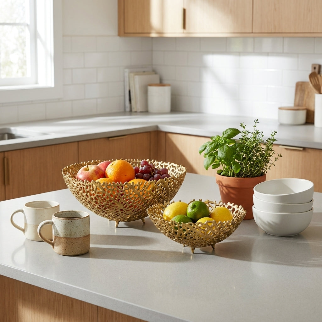 Kitchen counter with fruit bowls, mugs, and a plant