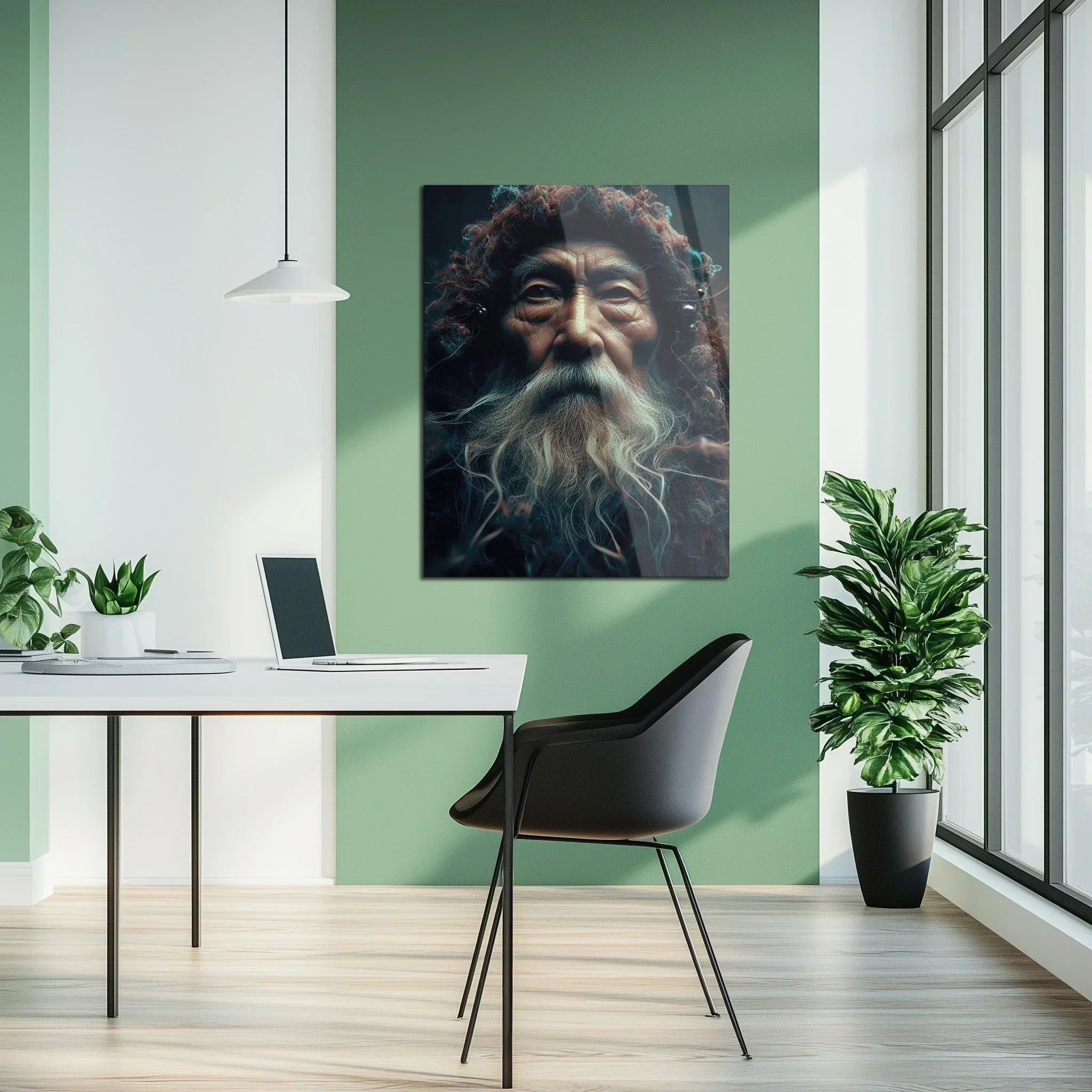 Ancient Wisdom Portrait Uv Glass Wall Art – Mystical Elder with Deep Gaze-kafcd072, front view - House Of Avana