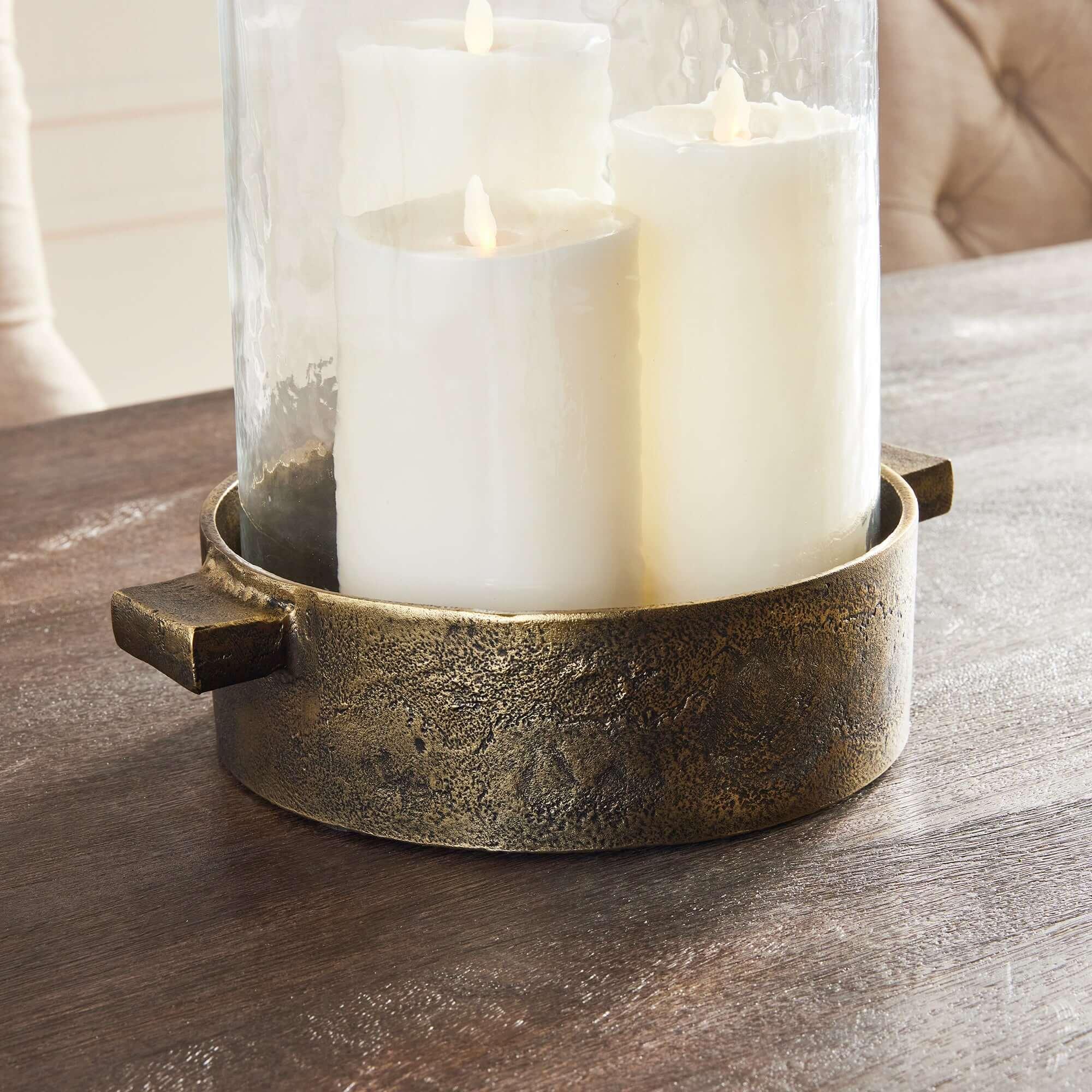 Antique Brass Hurricane Candle Holder with Hammered Glass Vintage Shopper