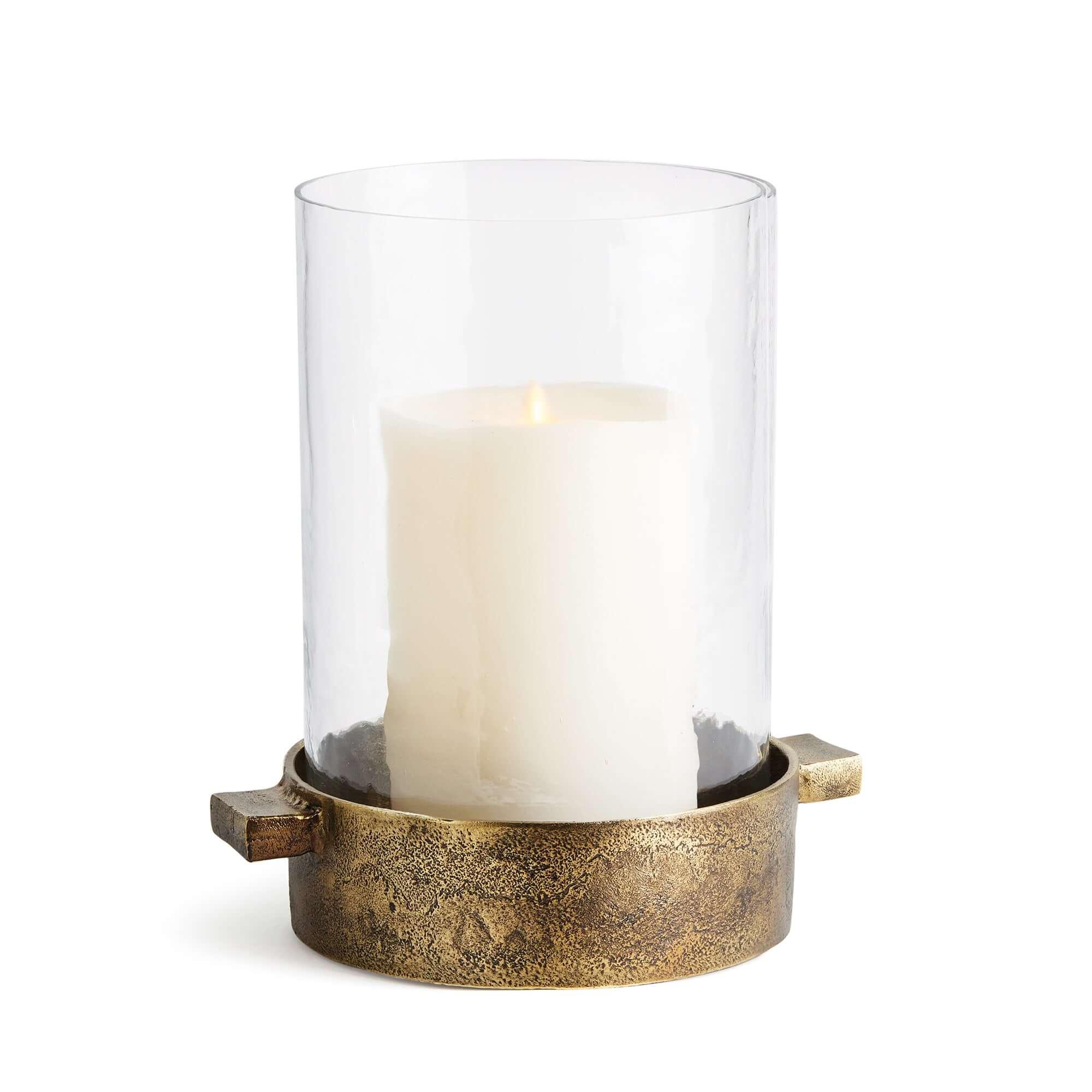 Antique Brass Hurricane Candle Holder with Hammered Glass Vintage Shopper