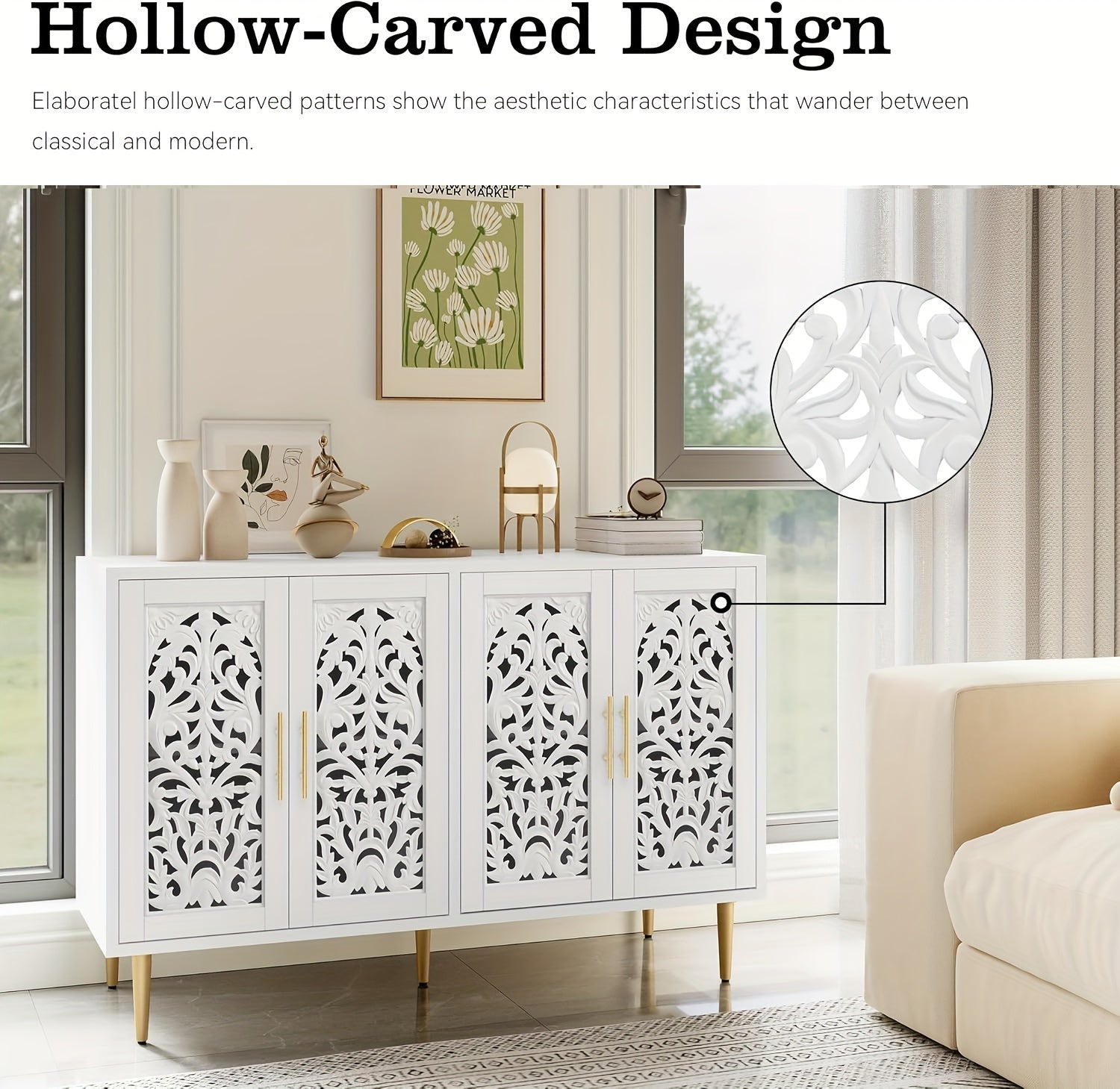 White cabinet with hollow-carved design in a living room setting