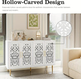 White cabinet with hollow-carved design in a living room setting