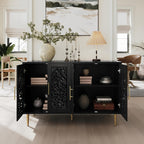 Black decorative cabinet with open doors in a stylish room with plants and art.